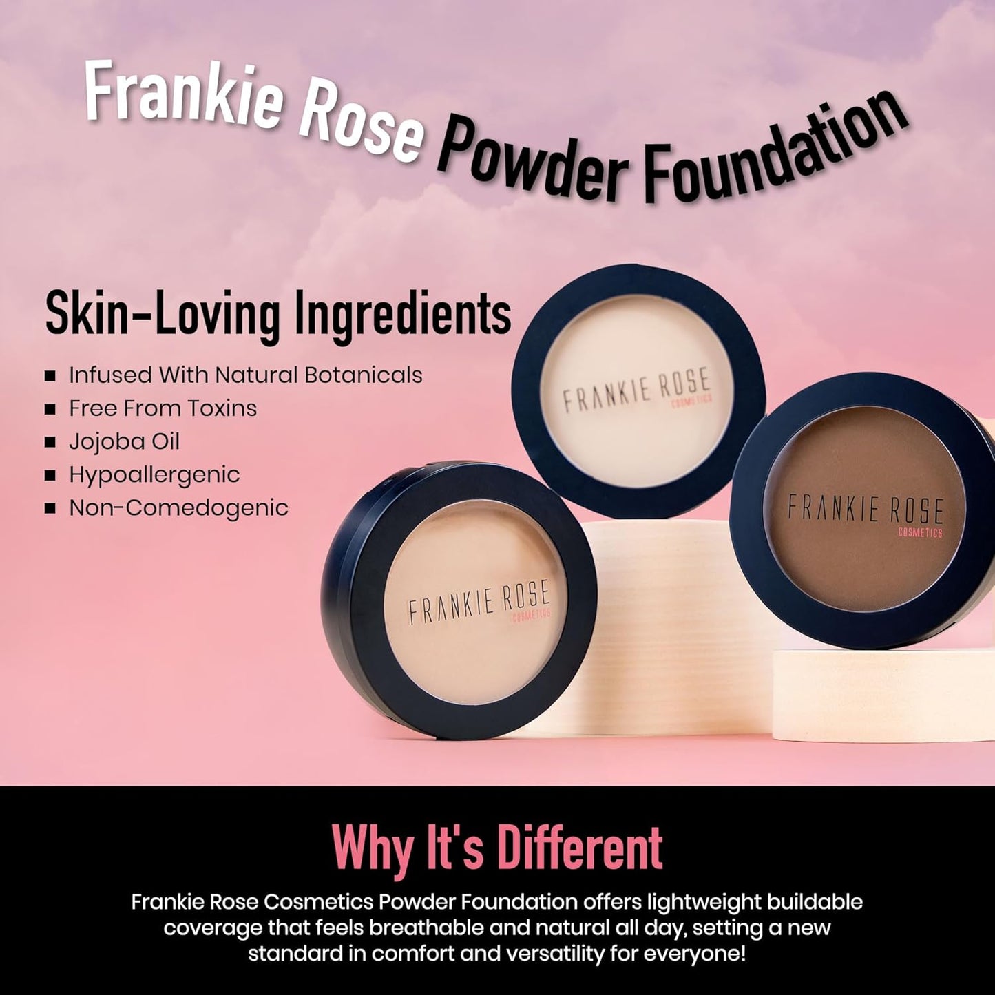 Frankie Rose Cosmetics Powder Foundation – Full Coverage Face Powder For Pores & Imperfections, Evens Out Skin Tone & Shine-Control | 58 Grams (Tan)