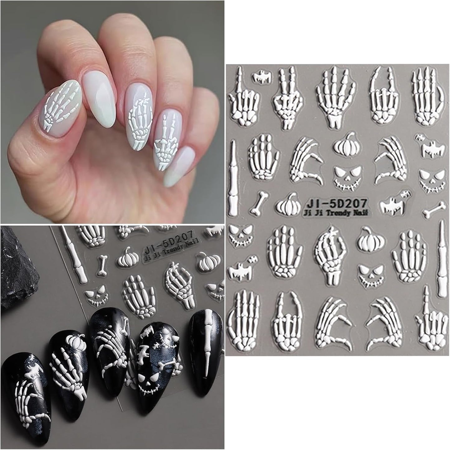 VOTACOS 5 Sheets Halloween Nail Art Stickers Decals 5D Nail Decals Gold White Bone Pattern Sticker Self-Adhesive Skull Nails Supplies Accessories 3for Women Halloween Nails DIY Decoration