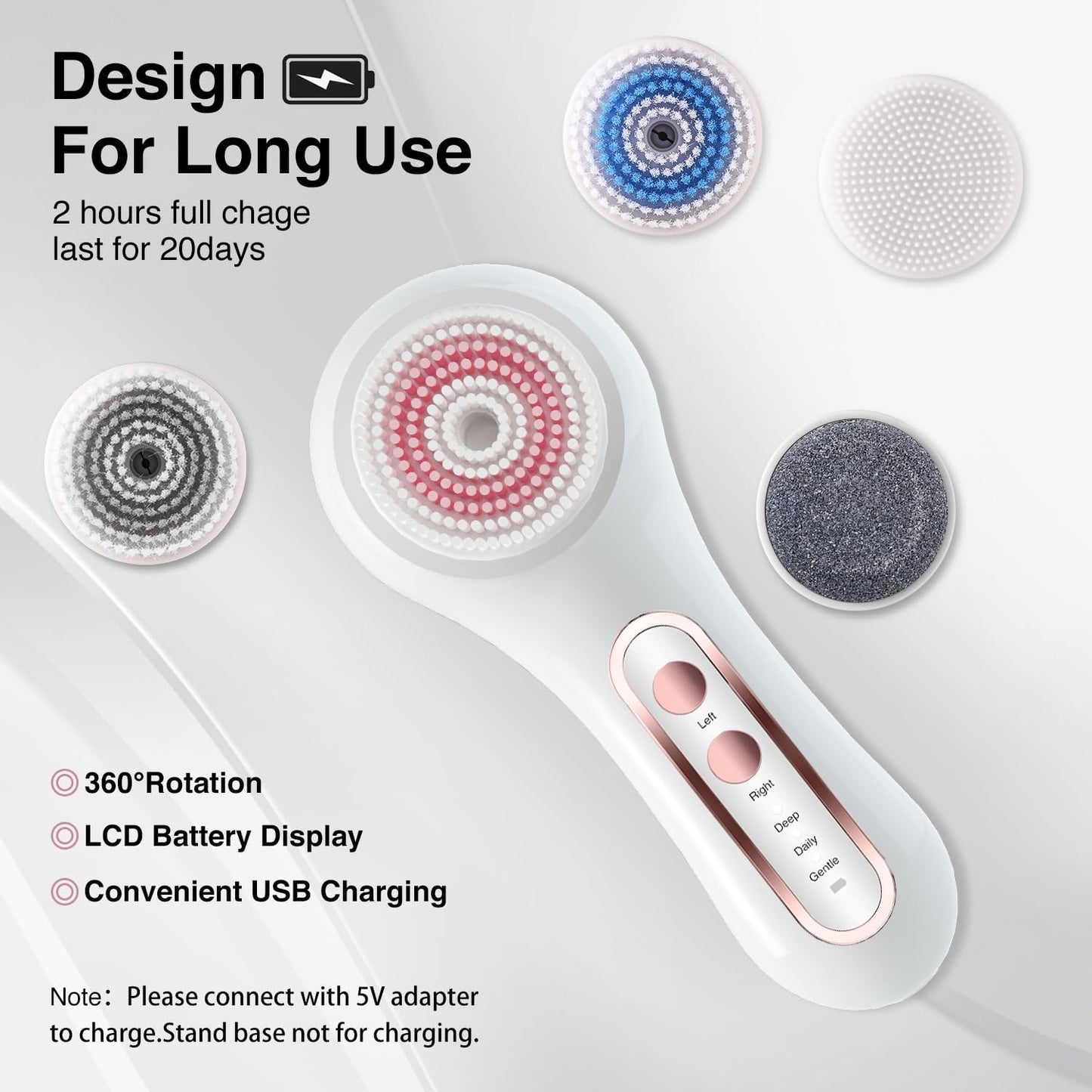 Face Scrubber Exfoliator,Facial Cleansing Brushes Rechargeable IPX7 Waterproof with 5 Brush Heads,Electric Face Spin Brush for Exfoliating, Massaging and Deep Cleansing (White)