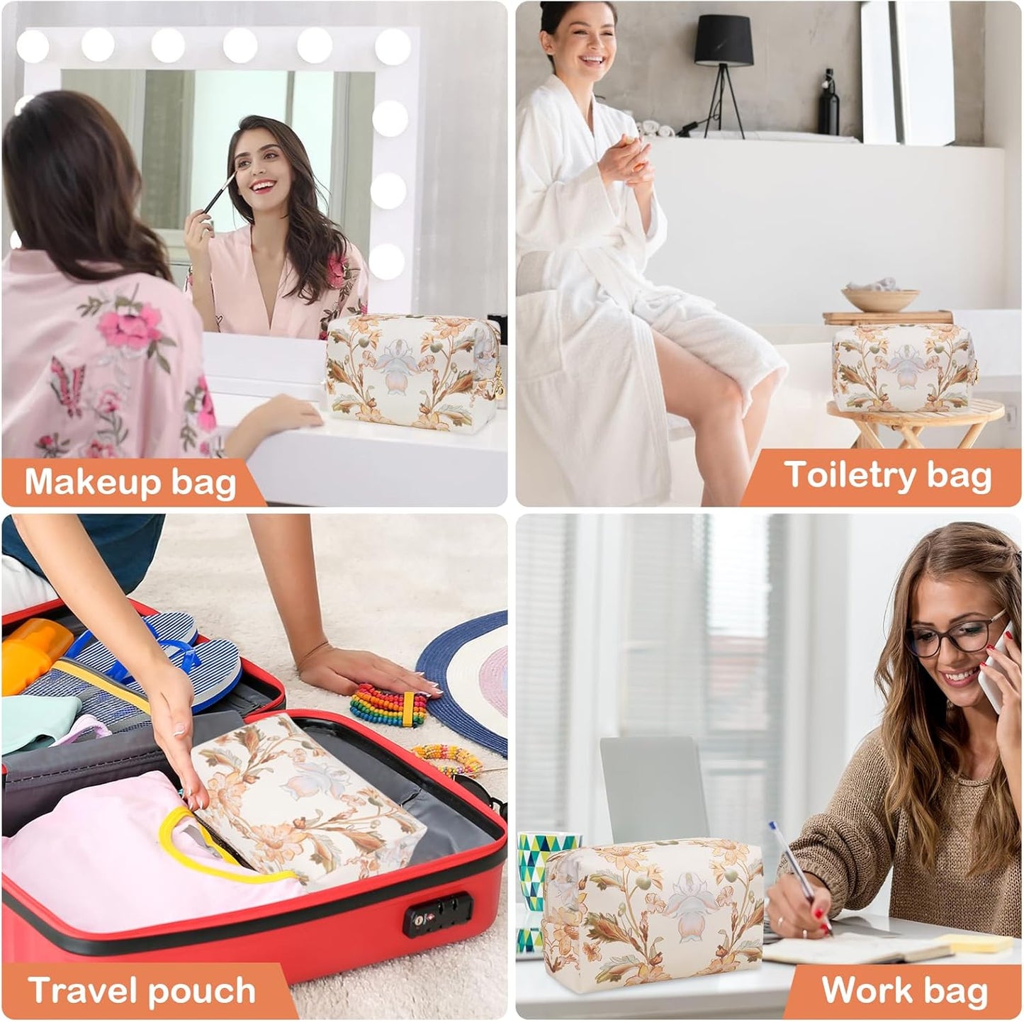 Floral Waterproof Makeup Bag, Leather Cosmetic Bag with Compartments, Zipper Make up Pouch Organizer, Portable Storage Travel Toiletry Bag Gifts for Women Girls(Black Flower)