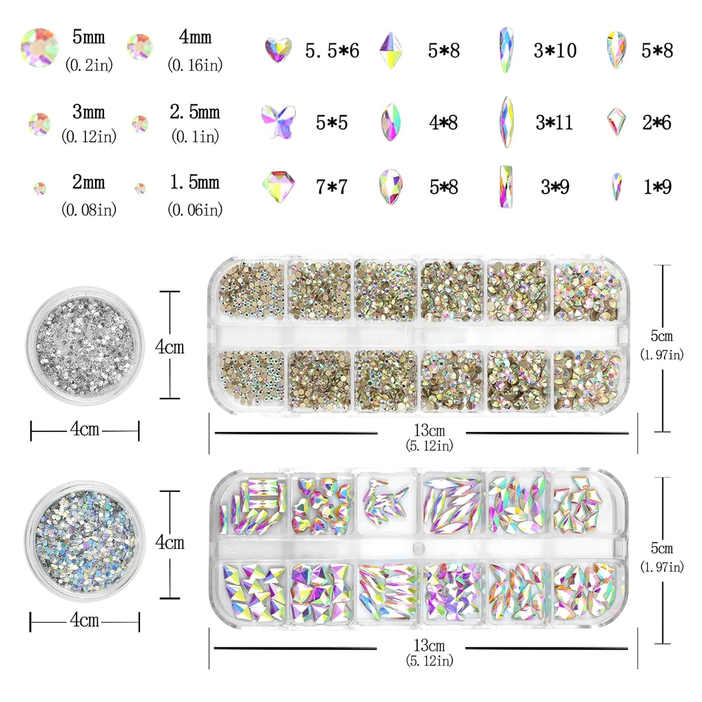 Nail Art Rhinestones Flatback Rhinestones Nail Charms Fine Glitter Supplies Mixed AB Crystals Gems Glitter Powder Luxury Design Jewelry Accessories for Women Manicure Decorations.