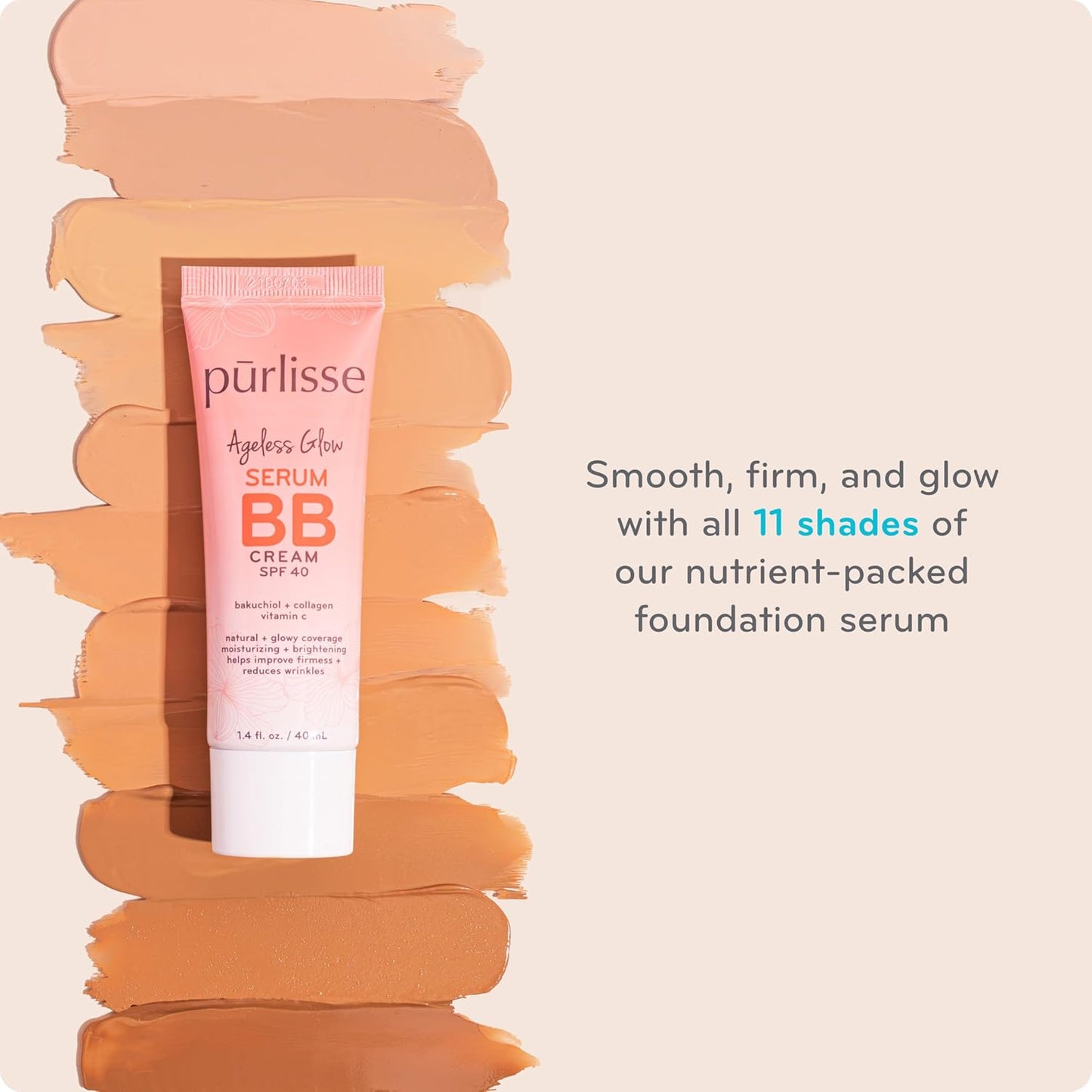 pūrlisse Ageless Glow Serum BB Cream SPF 40 - Glow BB Cream with SPF Enriched with Bakuchiol & Vitamin C to Help Improve Firmness & Reduce Wrinkles for Dewy Skin - Tan Deep (1.4 oz)