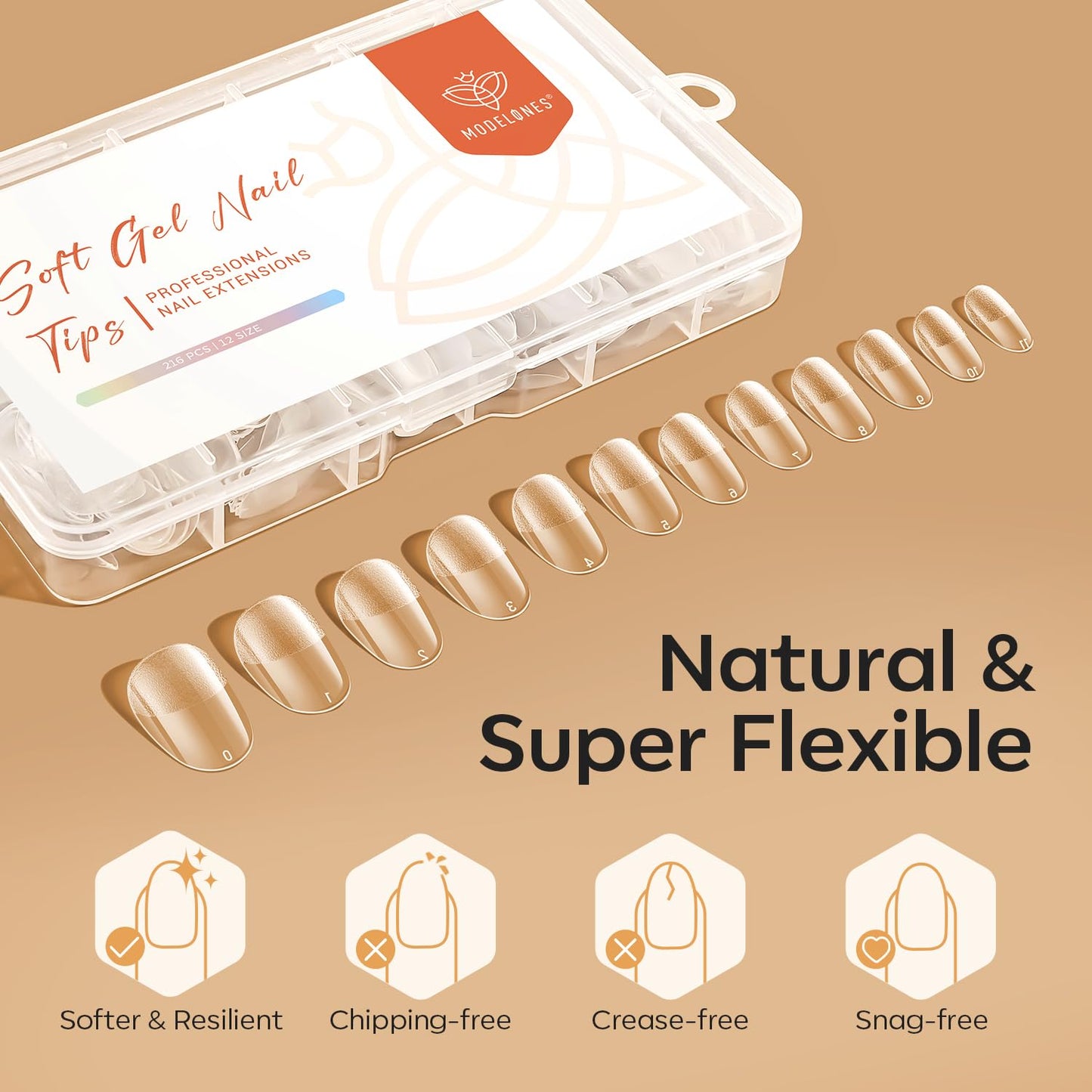 modelones Short Oval Nail Tips, Pre-shaped Soft Gel Tips Fake Nails False Acrylic Clear Full Cover Press on Extension Kit Gel Manicure DIY at Home 216PCS 12Sizes