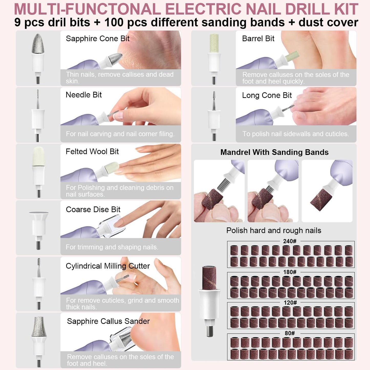 4 Pack Professional 9-in-1 Nail Drill Kit, Electric Nail File, Cordless 5 Speeds for Effortless Nails Care,Purple