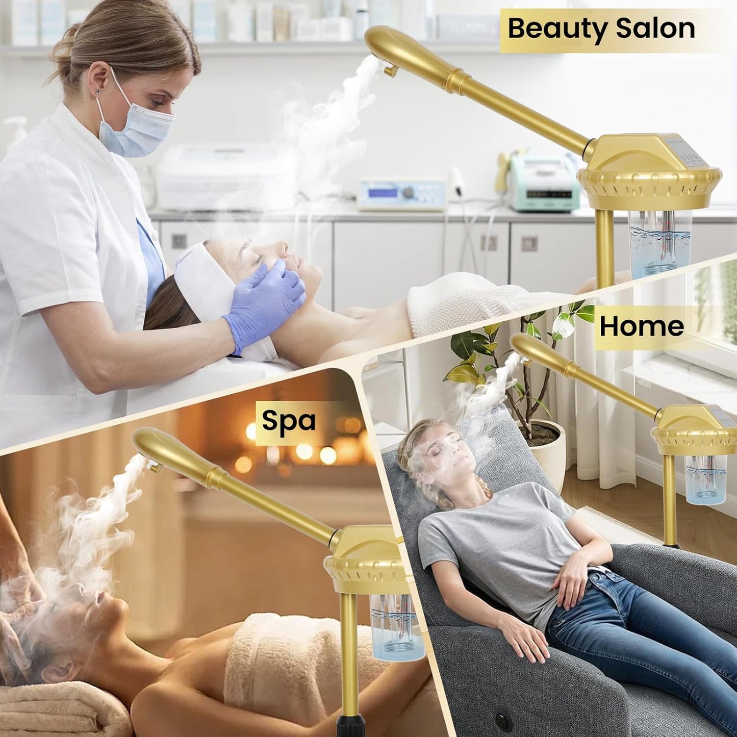 Facial Steamer Professional with More Steam for Deep Cleansing and Hydration, Estheticians Steamer on Wheels with Time Setting, Face Steamer Adjustable Height for Beauty, Spa and Home Use(Golden)
