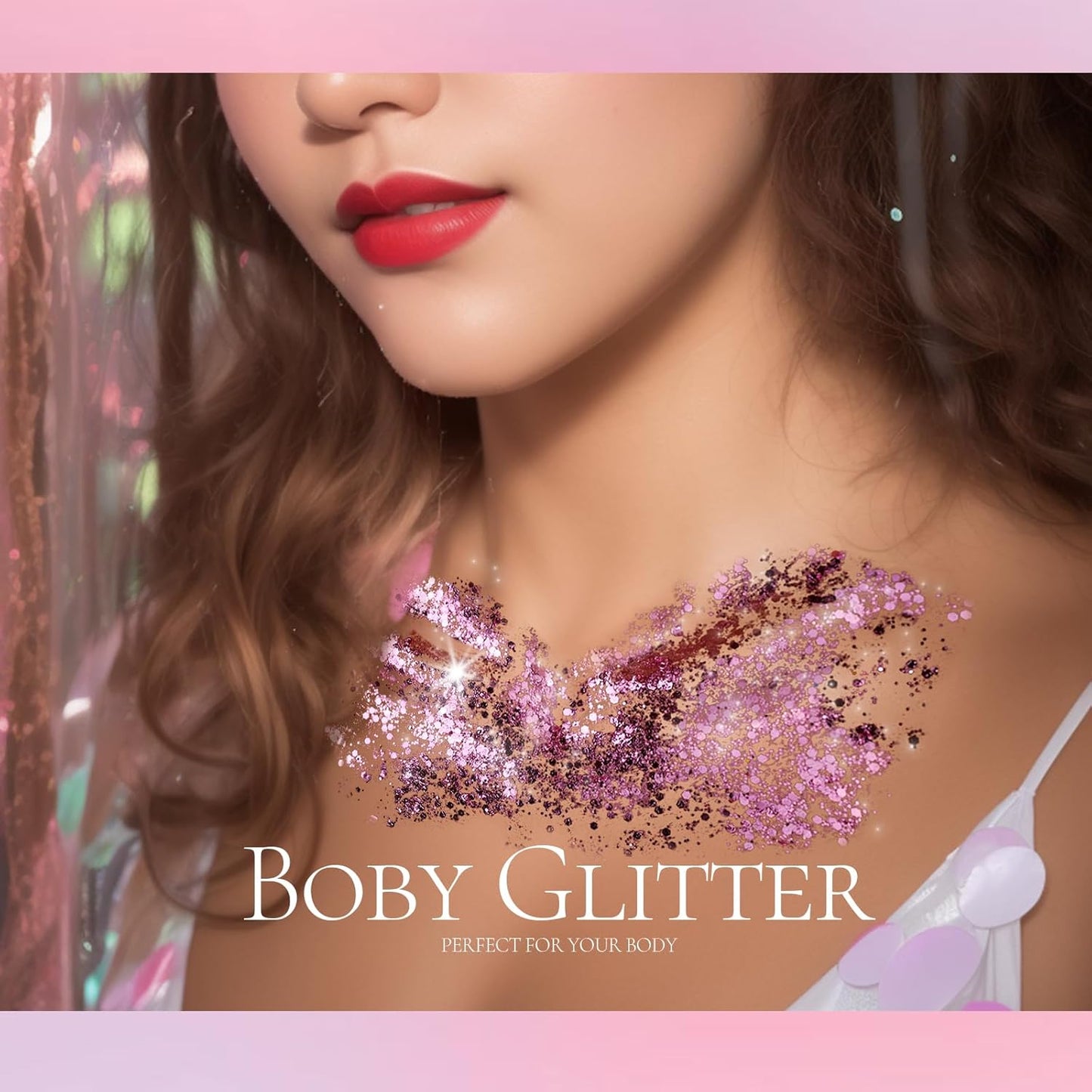 Teenitor Pink Body Glitter, Chunky Face Glitter, Hair Glitter Gel, 80g/2.8oz Pink Festival Cheer Holographic Glitter for Makeup Face Body Hair