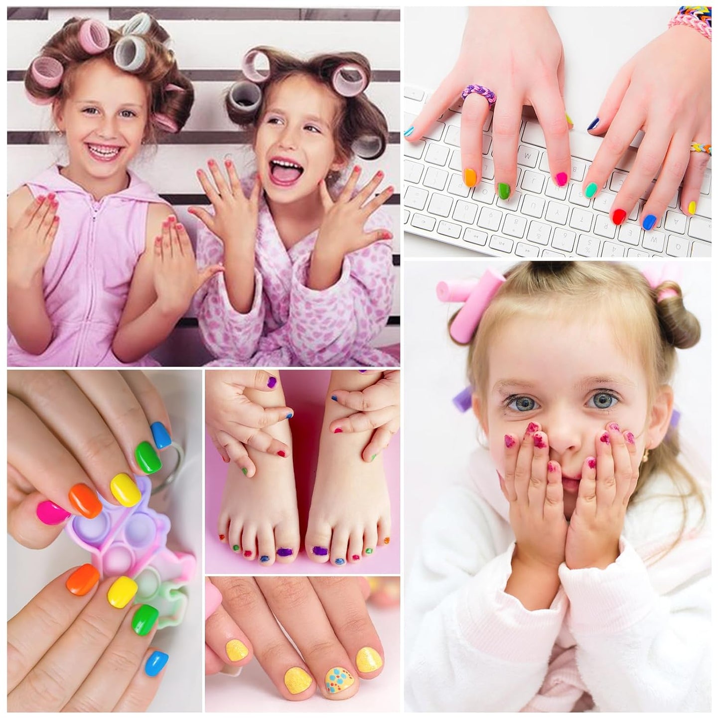 wakaniya Kids Nail Polish Set for Girls with Gems Nail Stickers, 7 Colors Non Toxic Safe Nail Polish Peel-Off Low Odor