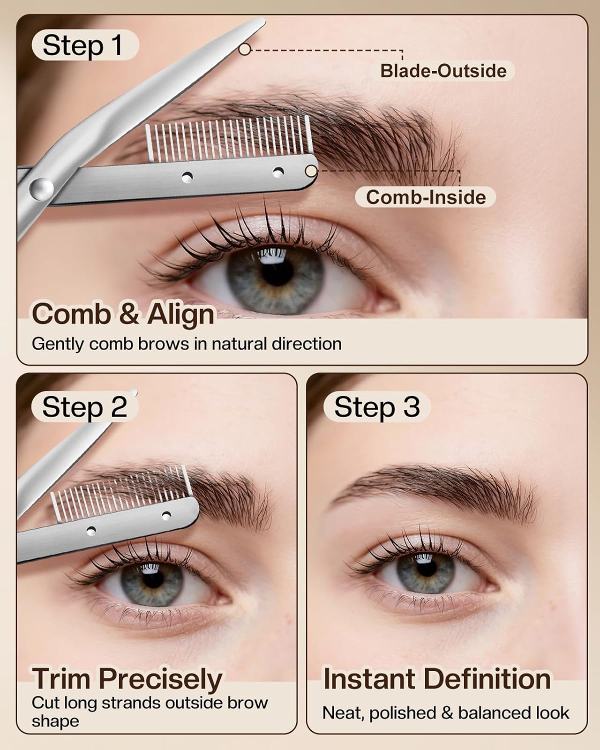 Eyebrow Scissors for Women, Stainless Steel Beauty Scissors with Comb, Precision Trimming Tool for Brows & Facial Hair, Sharp Blades with Safety Guard, Compact & Travel-Friendly (White)