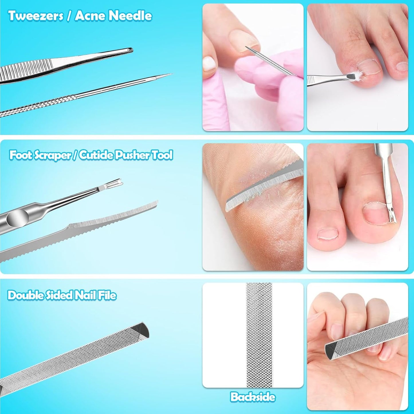 Modacraft 11-Piece Toenail Care Kit - Effective Ingrown Toenail Treatment with Toenail Clippers for Thick Toenails, Corrector & Other Pedicure Tools for Feet and Hand