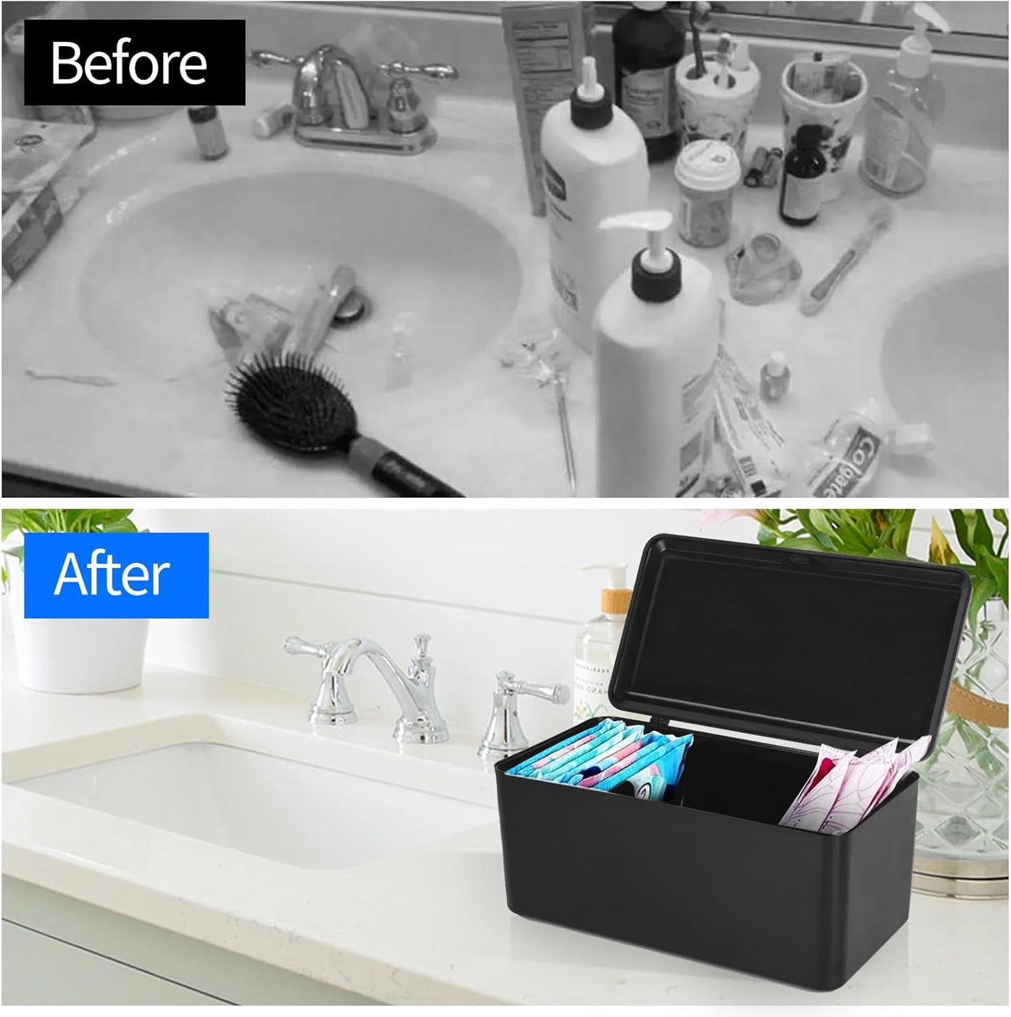 Pad and Tampon Organizer for Bathroom,Sanitary Napkin Holder, Pad and Tampon Organizer for Period, Sanitary Napkin Storage Container, Black