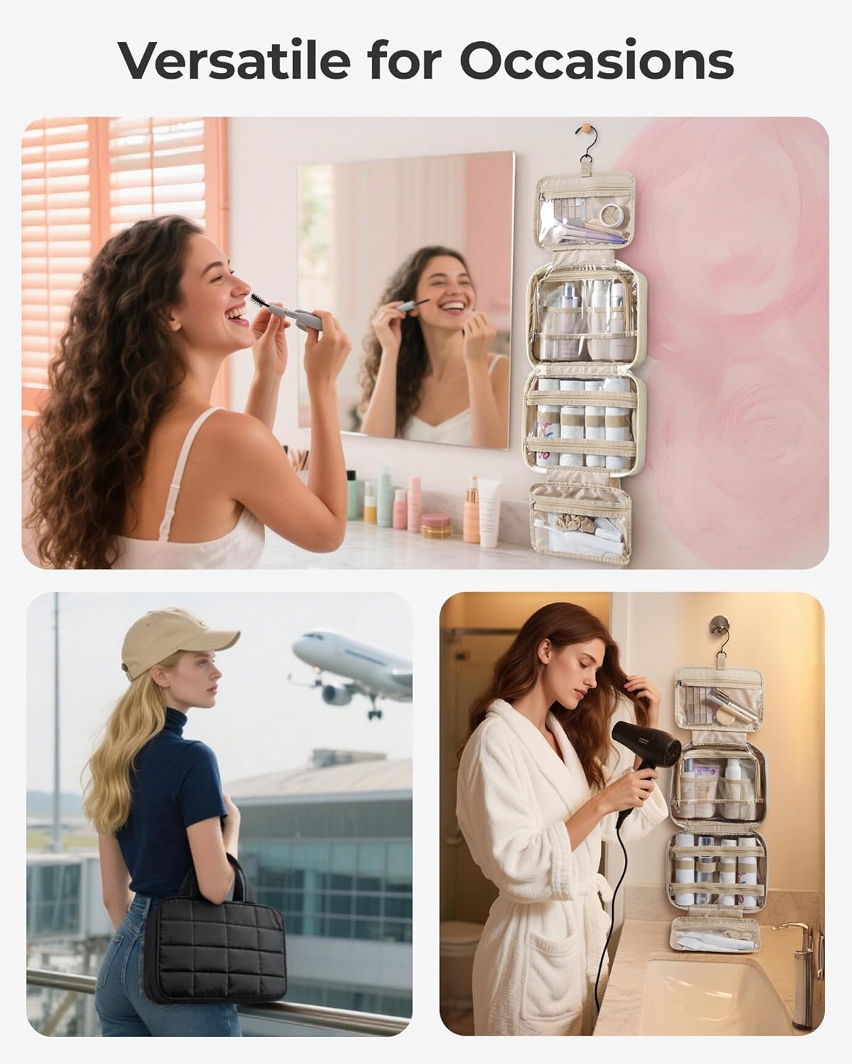 BAGSMART Travel Toiletry Bag for Womne, Hanging Travel Bag for Toiletries, Puffy Makeup Cosmetic Bag Organizer, Carry-on Travel Accessories Essentials, Pink