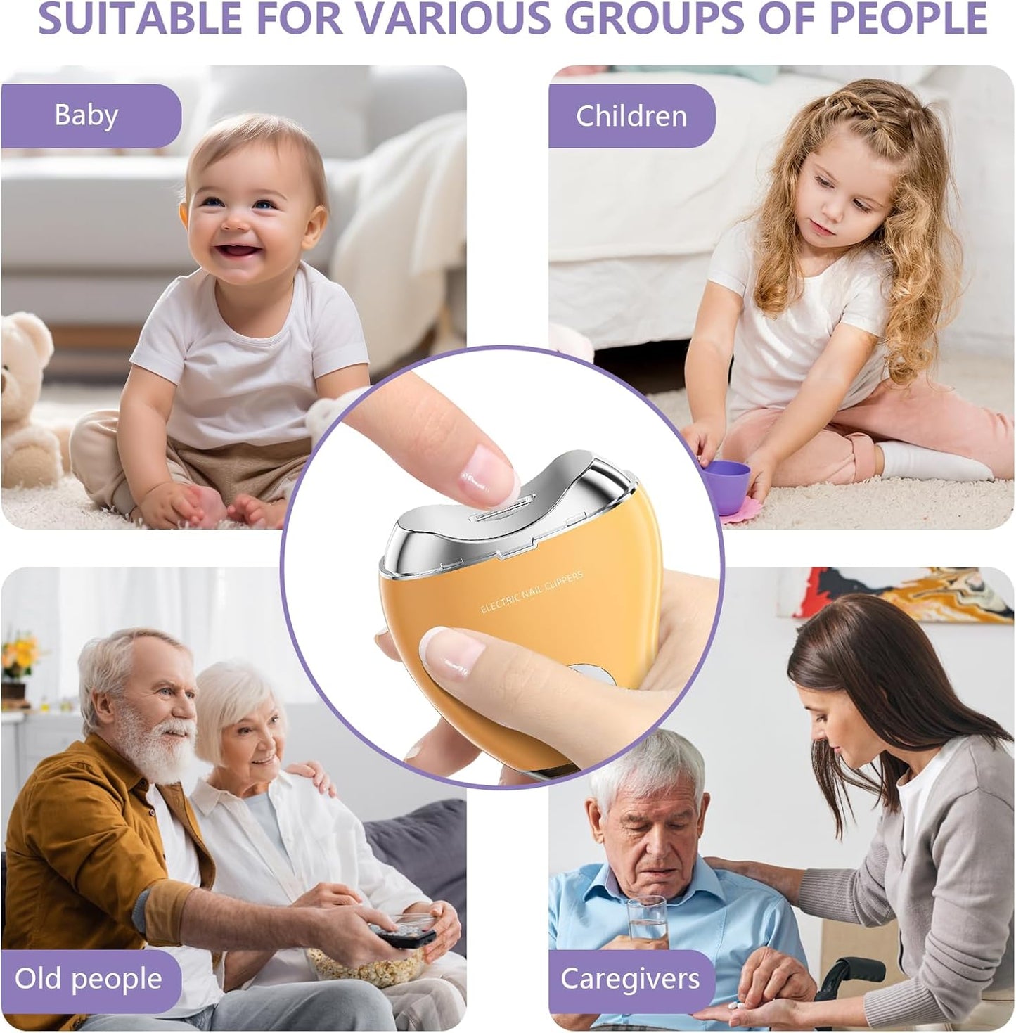 Type-C Professional Electric Nail File and Polish with LED Light & Polisher – 3 Adjustable Speeds, Safe Nail Clippers for Seniors, Adults and Kids, Built - in Storage, Effortless Manicure - Yellow