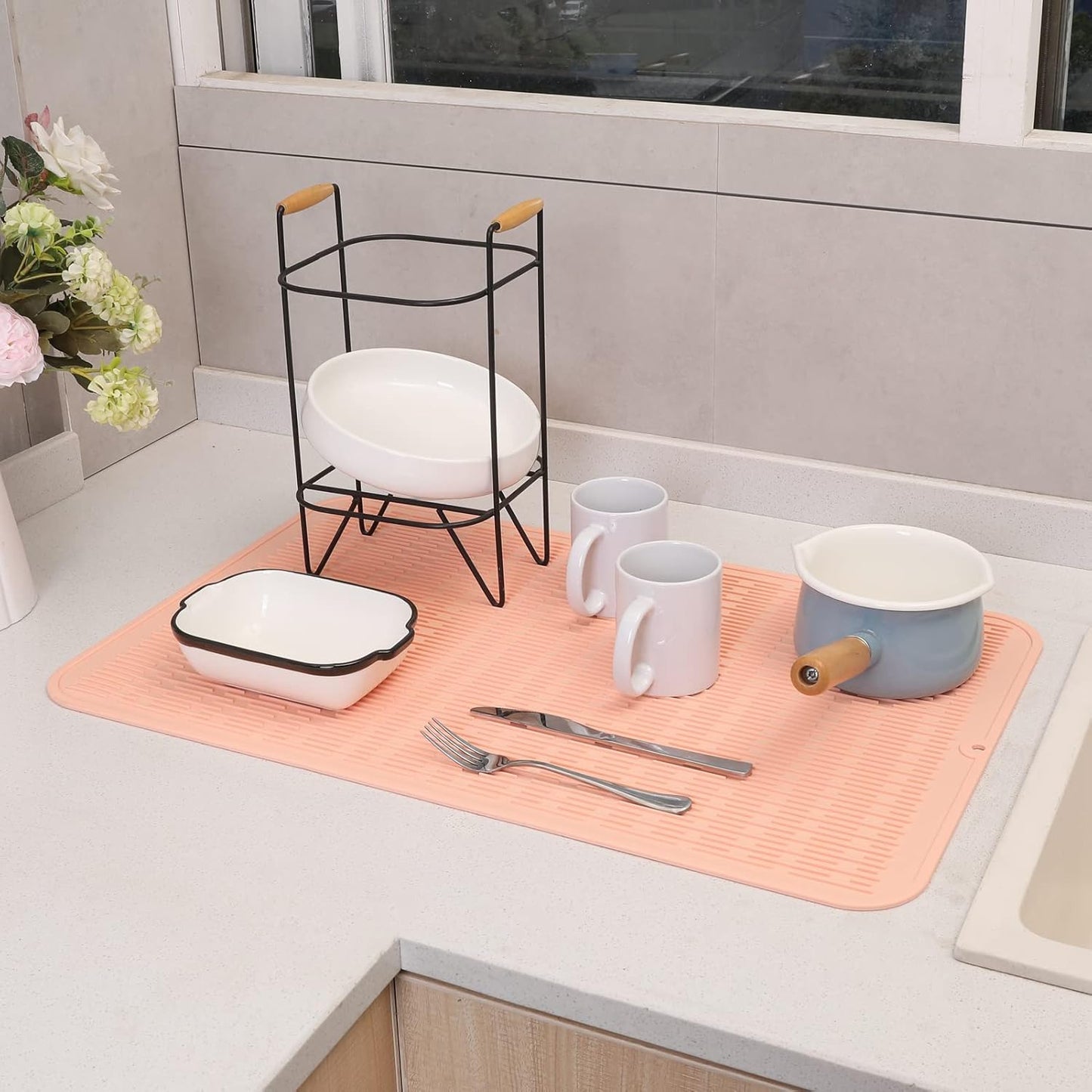 Silicone Dish Drying Mat for Multiple Usage,Easy clean,Eco-friendly,Heat-resistant Silicone Mat for Kitchen Counter or Sink,Refrigerator or Drawer Liner Pink 3XL 28 inches x 18 inches