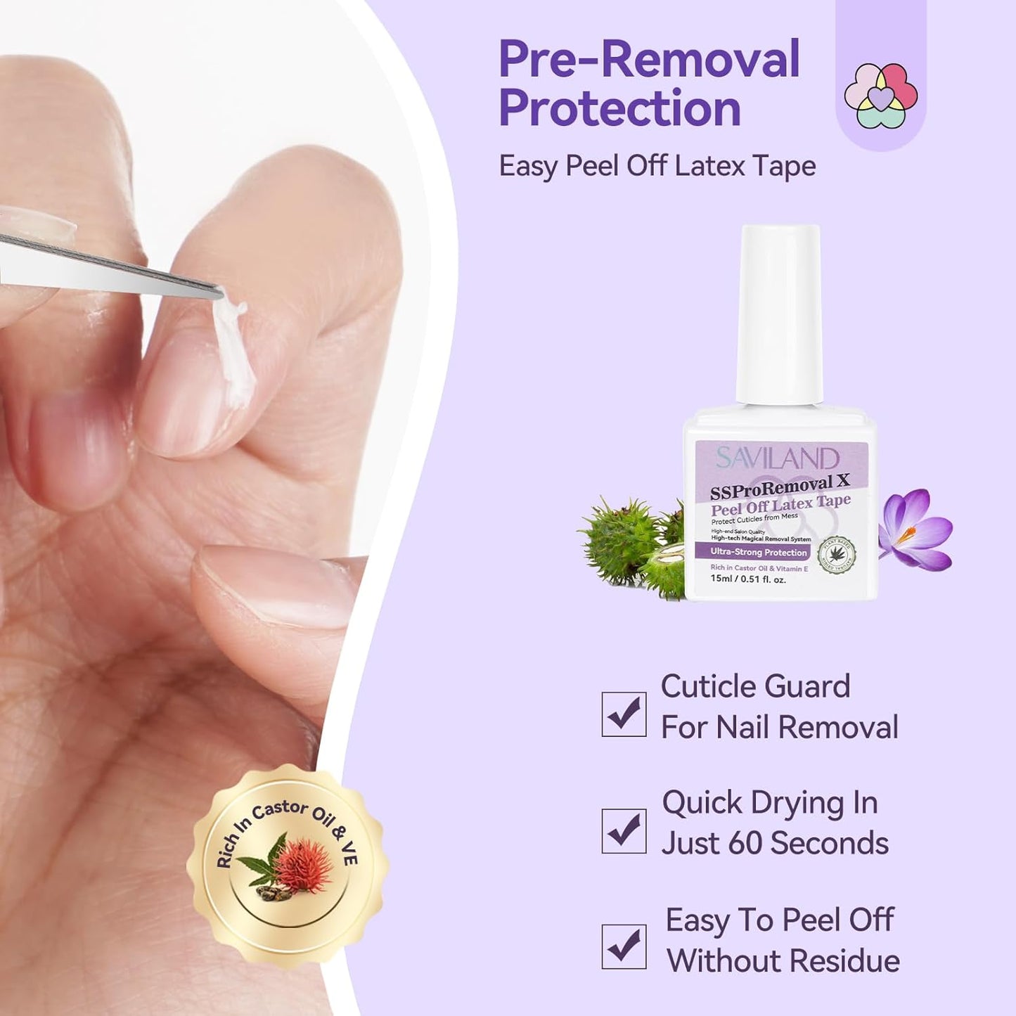 SAVILAND 3-In-1 Gel Polish Remover Kit: SSProRemoval X Fast Removal Nail Polish Remover for Nails with Liquid Latex for Nail Strengthener Rich in Castor Oil VE for Protection Nails