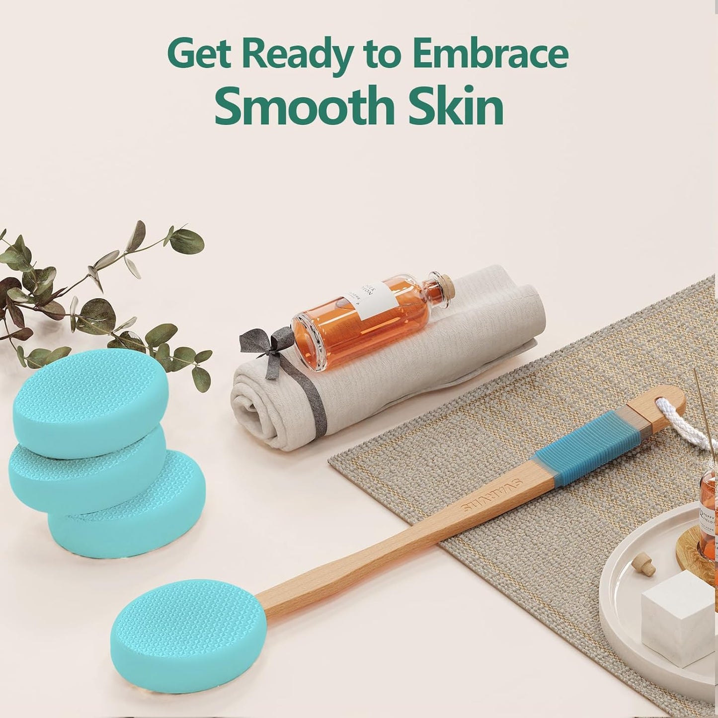 Lotion Applicator With 4 Replaceable Pads for Back, Self, Elderly, Women - Sunscreen and Cream Applicator With 17" Curved Handle for Easy Targeting of Back and Feet, Blue