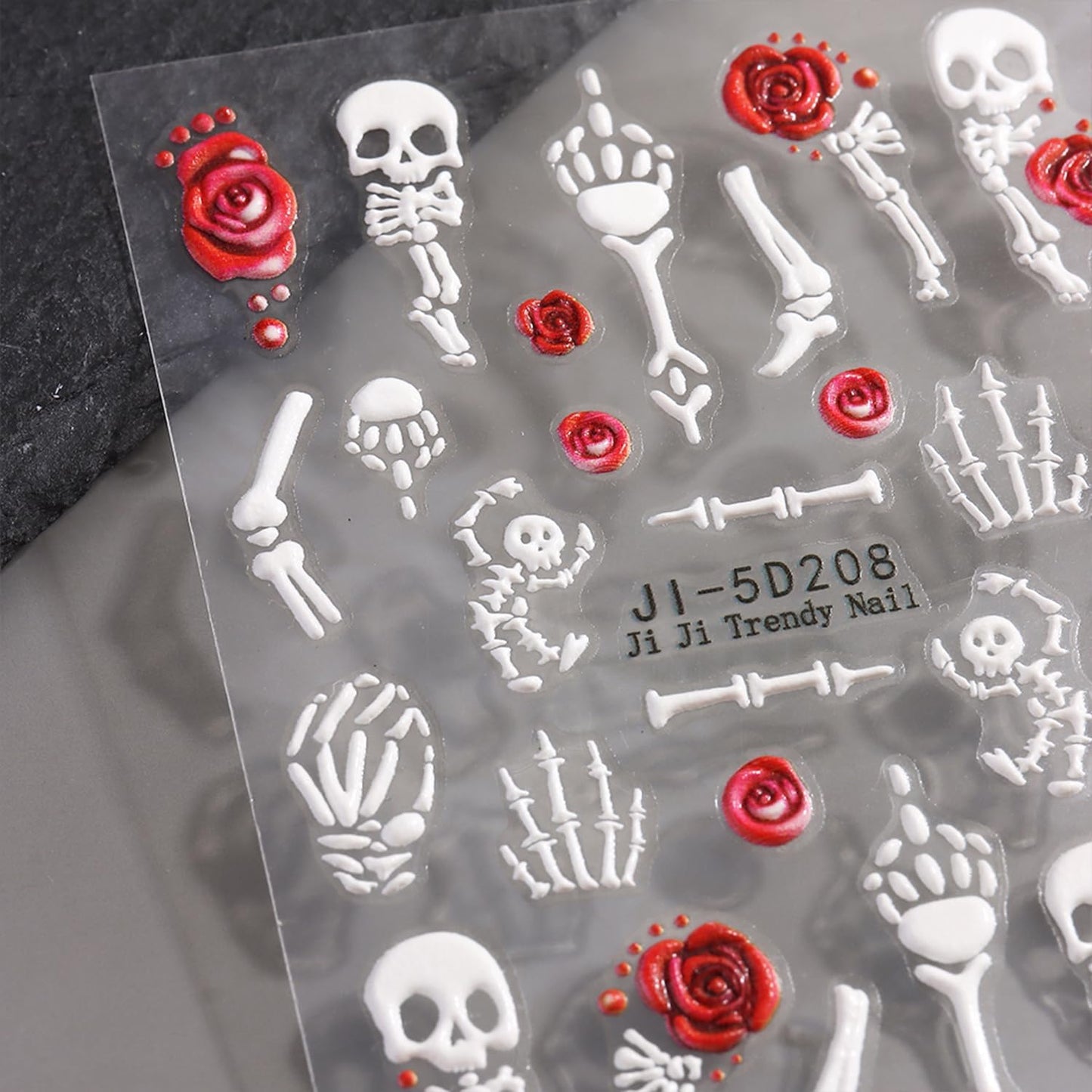 5D Embossed Halloween Nail Art Stickers Decals Cute Skull Flower Nail Sticker White Skeleton Nails Decal Self-Adhesive Nails Art Decal for Women Halloween Decor