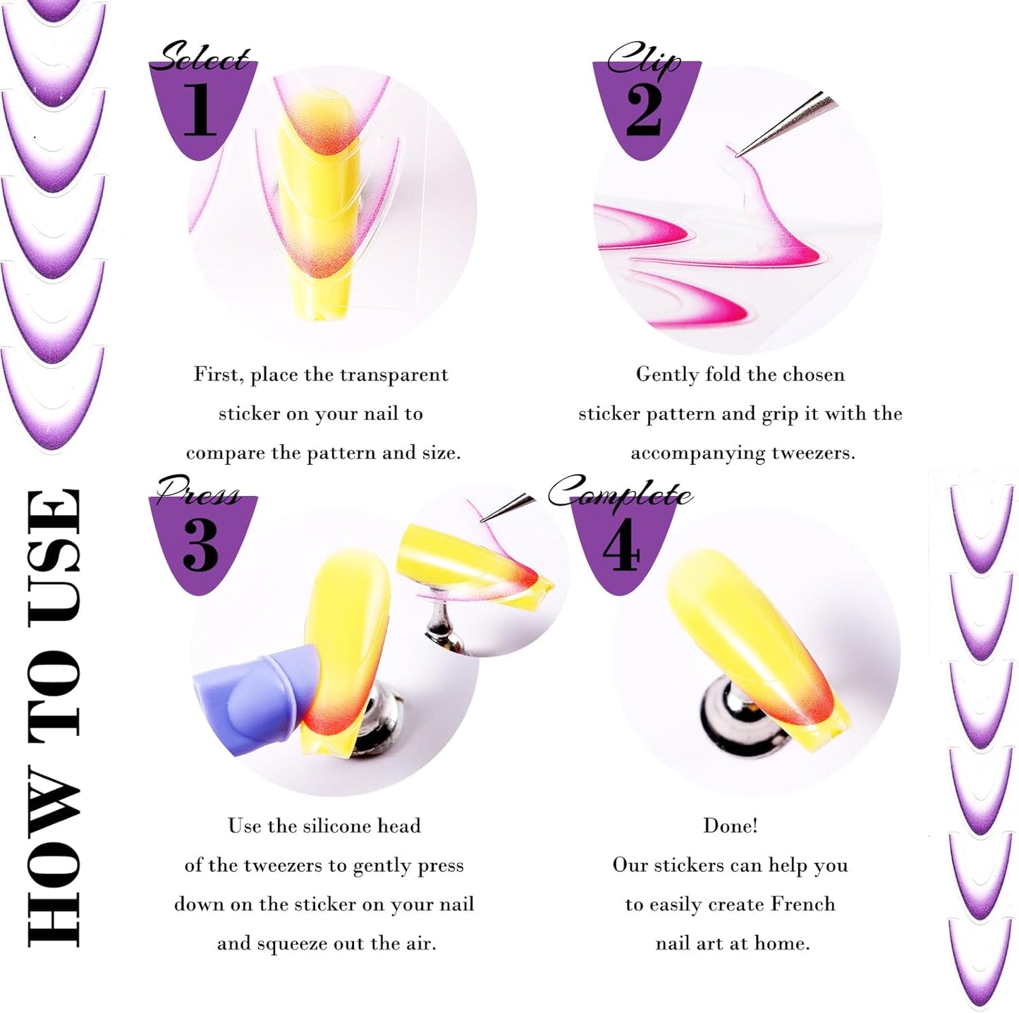 12 Sheets Colorful French Tip Nail Stickers, Gradient French Line Nail Art Stickers with Tweezer, French Tip Nail Decals 3D Self-Adhesive Nail Tips Guides for Women Manicure Decoration