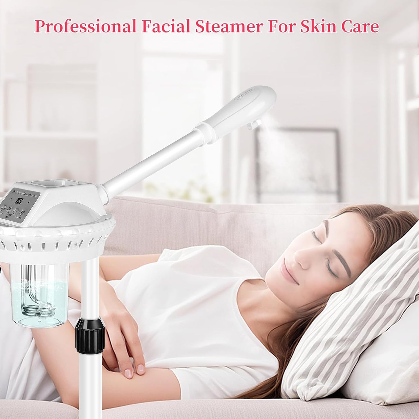 Professional Facial Steamer, Esthetician Steamer on Wheels, Stand Face Steamer for Facial Deep Cleaning and Hydration, Steamer for Facial for Personal Care or Beauty Spa or Salon, White