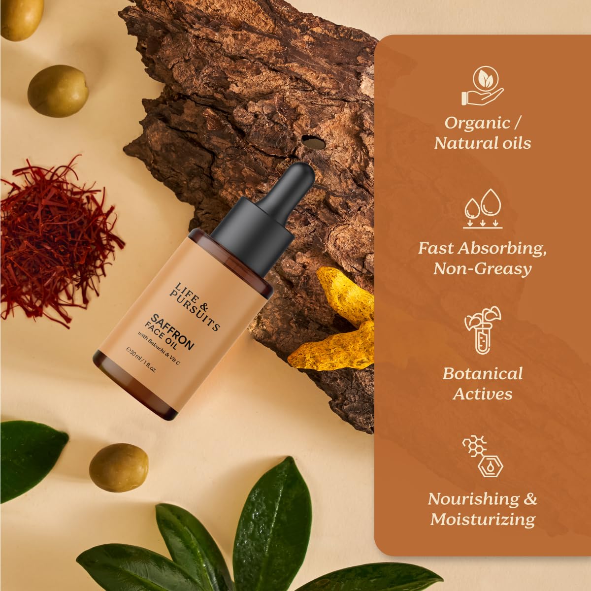 Life & Pursuits Saffron Face Oil 1 Fl Oz with Kashmir Saffron, Bakuchi, Vitamin C for Face Brightening, Moisturizing, Dark Spots, Fine Lines, Wrinkles. Lightweight Daily Face Massage oil | Anti-Aging