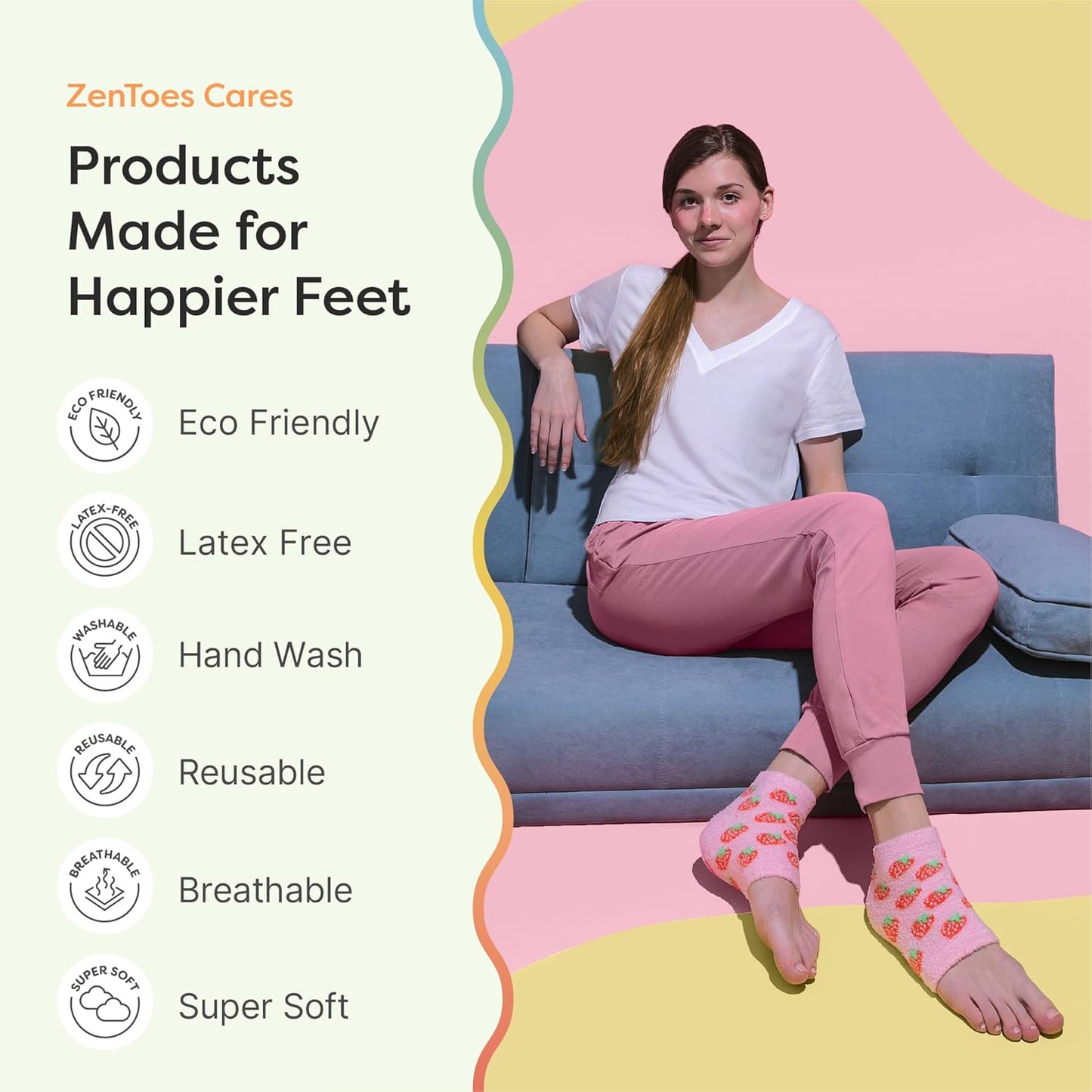 ZenToes Moisturizing Socks for Cracked Heel Treatment - Vitamin E, Olive Oil and Jojoba Oil Infused Heel Socks to Soften and Hydrate (Pink Strawberries, Regular)