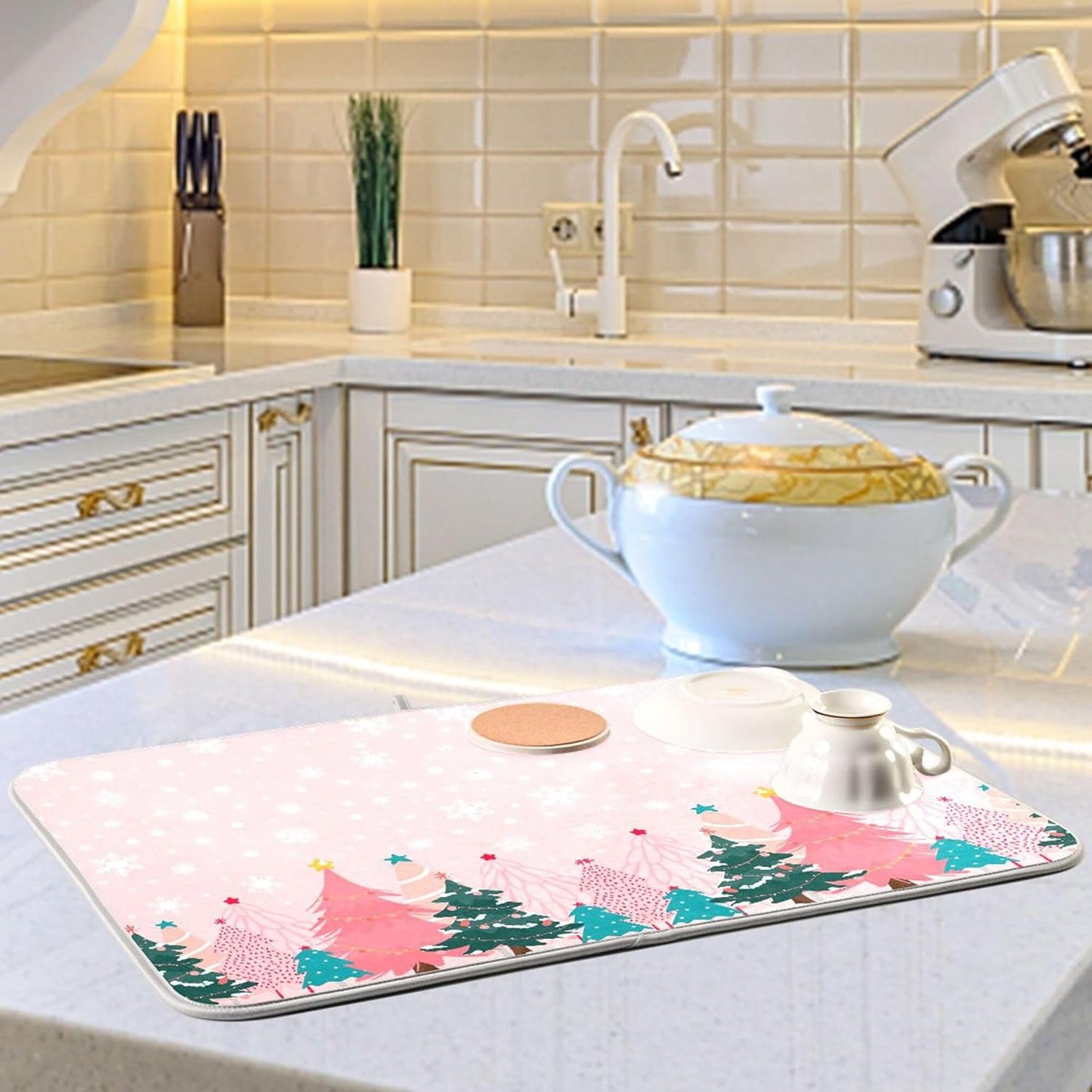 Christmas Tree Pink Dish Drying Mat for Kitchen Countertop 16x18 Winter Snowflake White Xmas Small Drying Mat Reusable Quick Dry Dish Sink Mats Easy Clean Decorative Essentials
