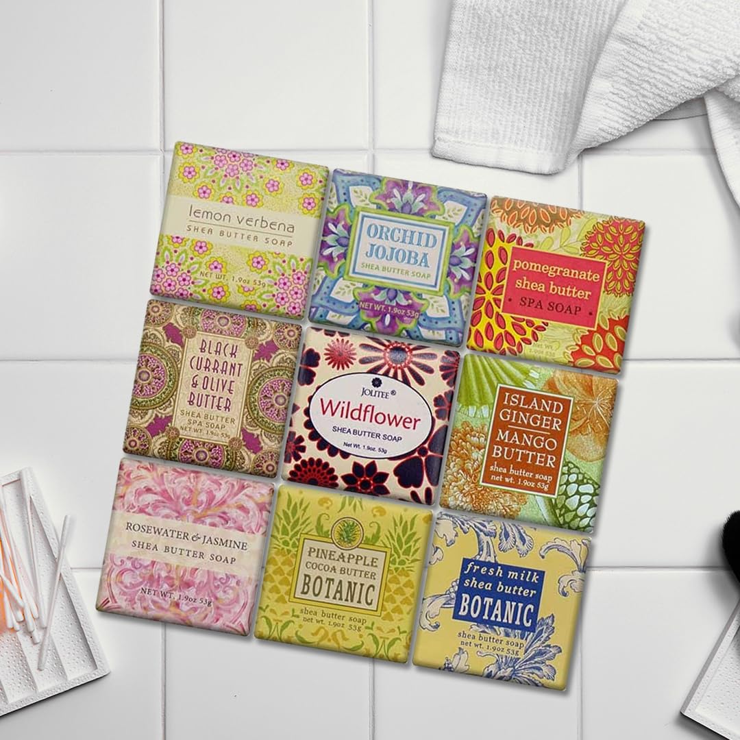 French Milled Botanical Soap Sampler Set of 9 - Individually Wrapped Vegetable-Based Mini Soaps with Essential Oils, Shea Butter, and Natural Extracts (Floral Favorites - White Box)