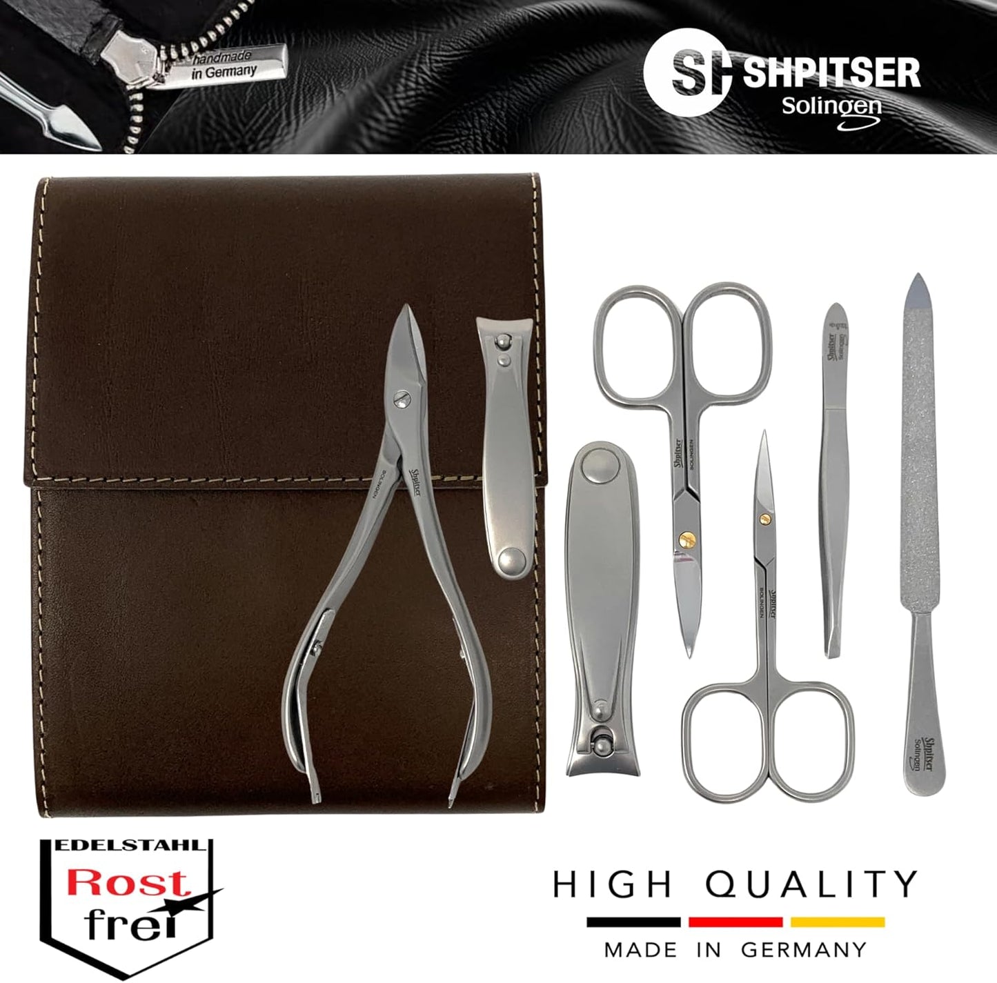 SHPITSER Professional 7pc TopInox Surgical Stainless Steel Tools Manicure Pedicure Set in Genuine Durable Leather Case Handmade in Solingen Germany for Nail and Cuticle Care