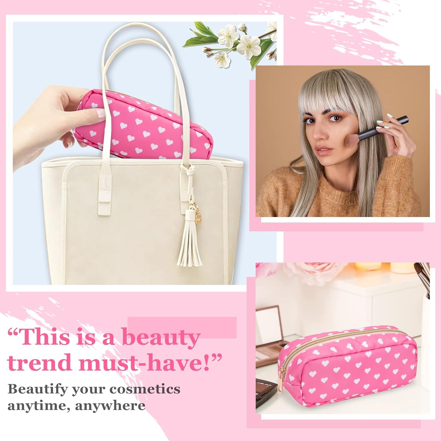 Nylon Slim Makeup Bag, Pink Heart Makeup Brush Case, Preppy Cosmetic Zipper Pouch for Purse, Travel Toiletry Bag Clutch Coin Pouch Makeup Organizer for Women Girls