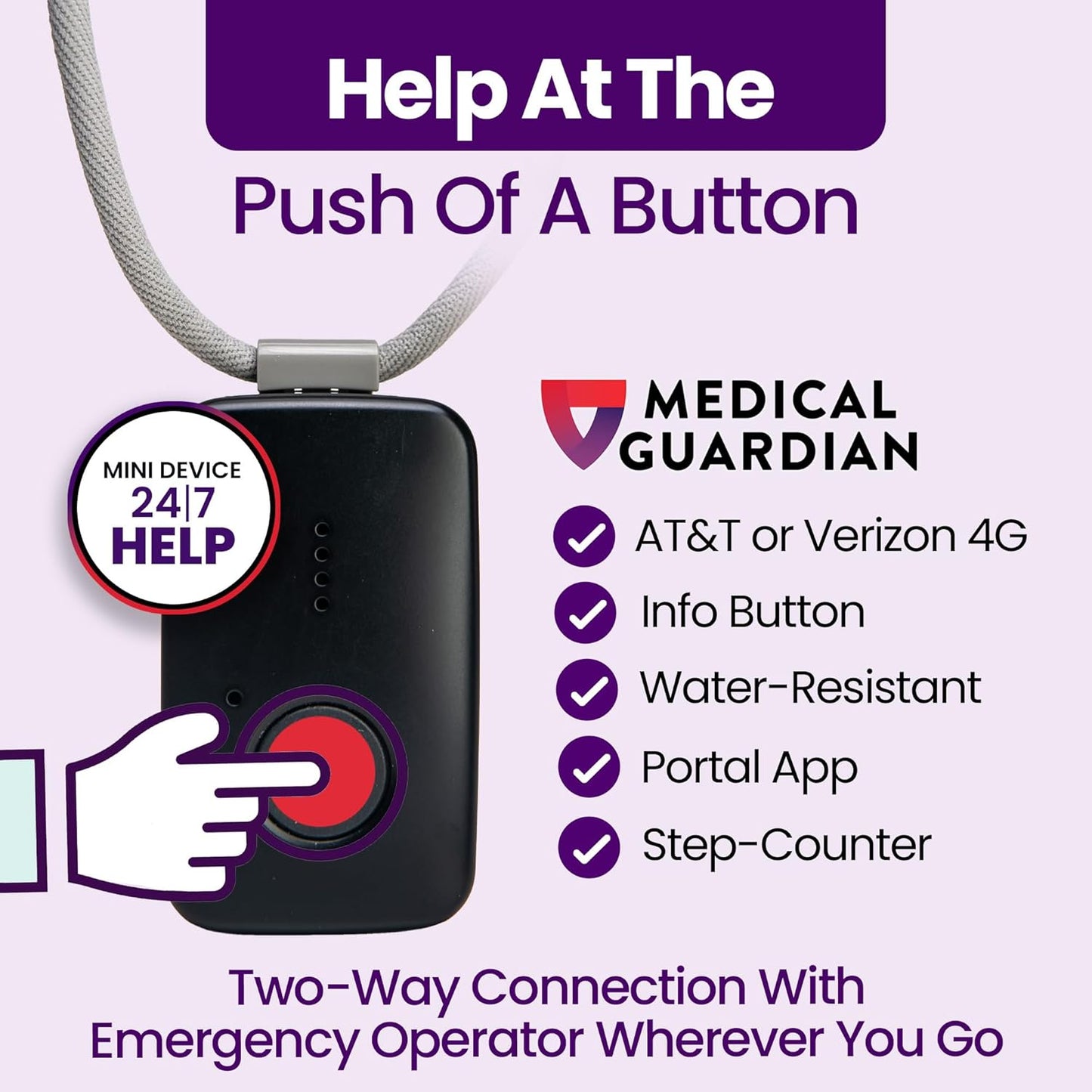 Medical Guardian MGMini | Medical Alert Device for Seniors | Water-Resistant, Emergency Call Button, 24/7 Monitoring, Step Counter, GPS Tracking | Monthly Subscription Required | Black