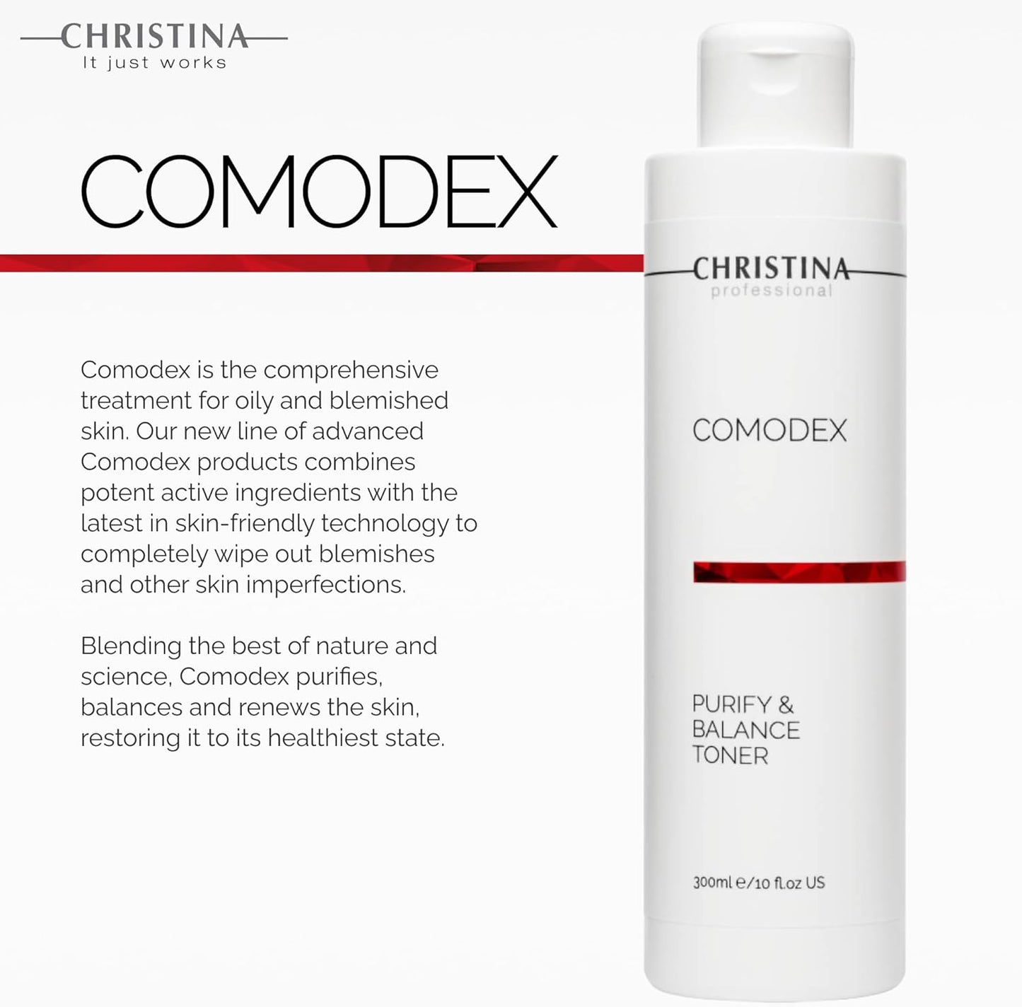 Christina Comodex Purify & Balance Facial Toner - 300ml - Non-Drying Formula with Eucalyptus and Tasman Pepper Extract - PH Balancing Toner for Combination, Normal and Oily Skin Types.