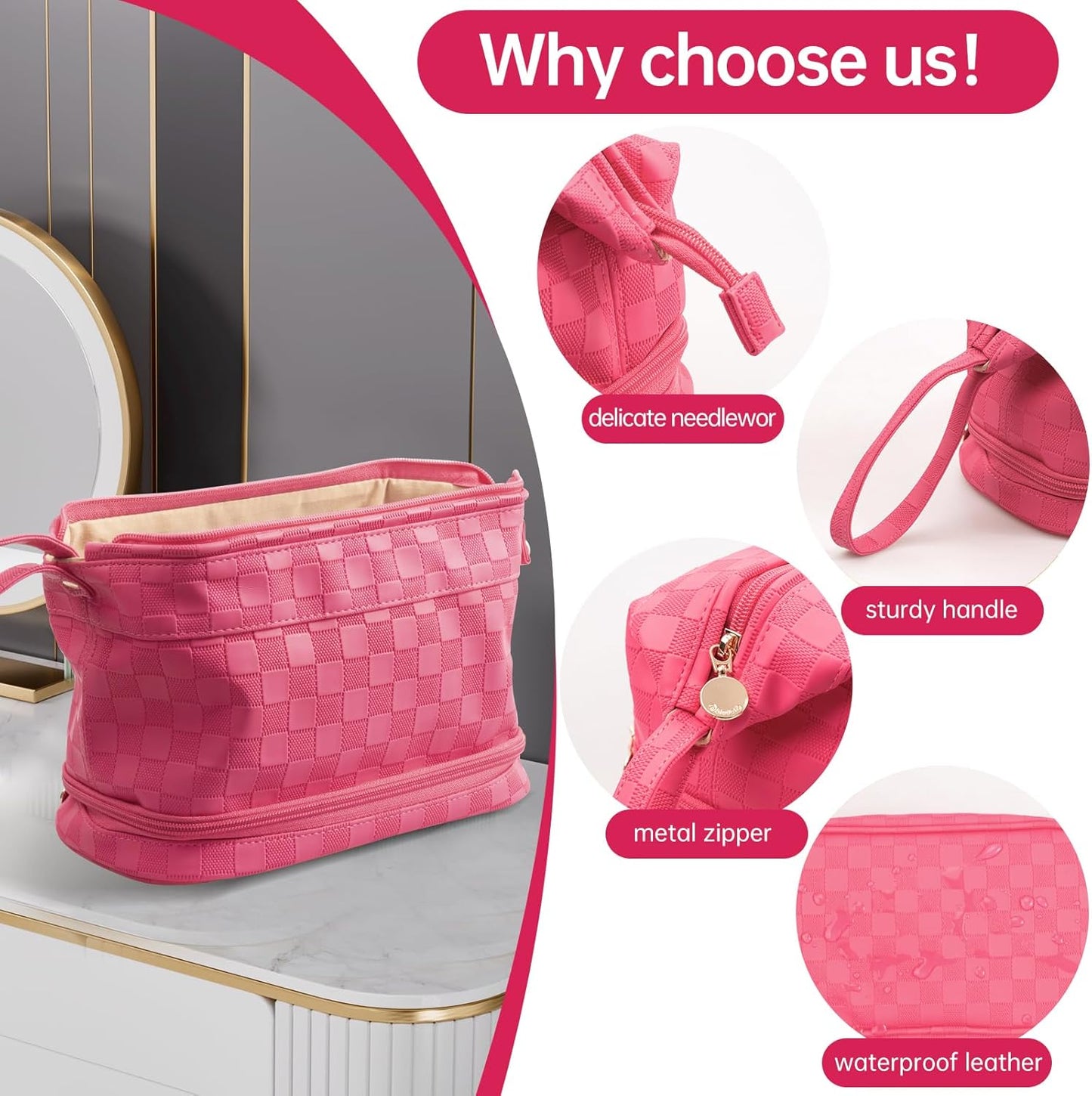 Abiudeng Large Capacity Makeup Bag Ladies Cosmetic Bag Travel Bag with Compartments Portable PU Leather Travel Makeup Bag with Handle