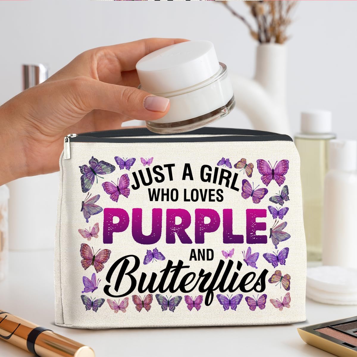Just a Girl Who Loves Purple and Butterflies Makeup Bag Gifts for Women Purple Butterfly Cosmetic Bag Zipper Pouch Travel
