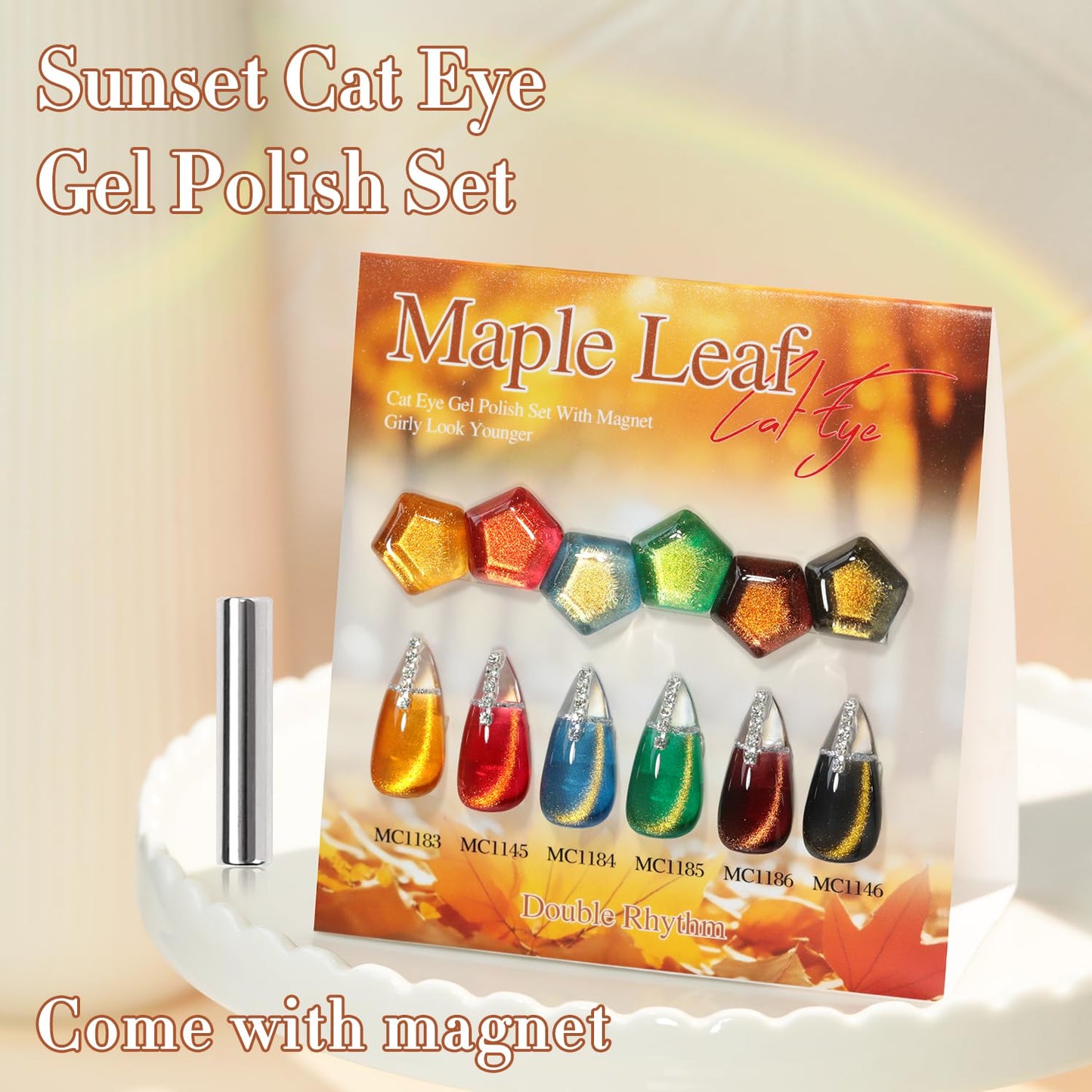 Double Rhythm Cat Eye Gel Nail Polish Set of 6 Same Color Same Bottle 0.5 Oz Shimmer Glitter with Magnet Holographic Reflective Magnetic UV Polish Kit (Golden Black Brown Red Blue Green-T6-33)