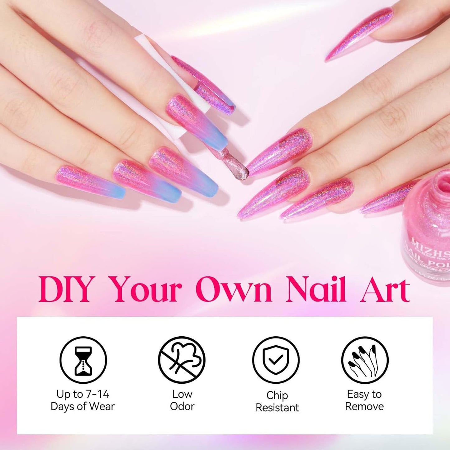 MIZHSE Holographic Nail Polish, Pink Glitter Nail Polish Air Dry Fast, 15 ml High Glossy Shimmer Nail Pigment Oil-based Laser Iridescent Nail Lacquer Chrome Halo Nail Art Salon Manicure Home