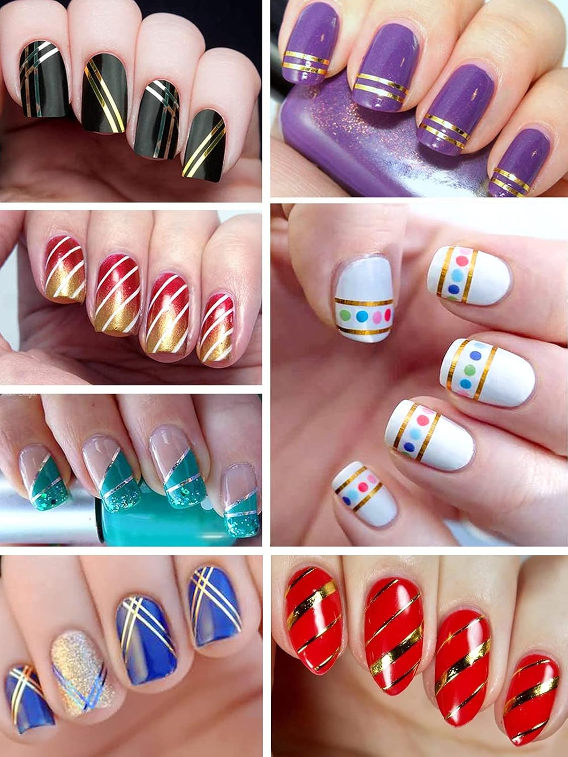 EBANKU 17 Sheets Strip Line Nails Stickers, 3D Fluorescent Laser Gold Adhesive Striping Tape Nail Decals for Women Girls Nail Art Design Deacoration