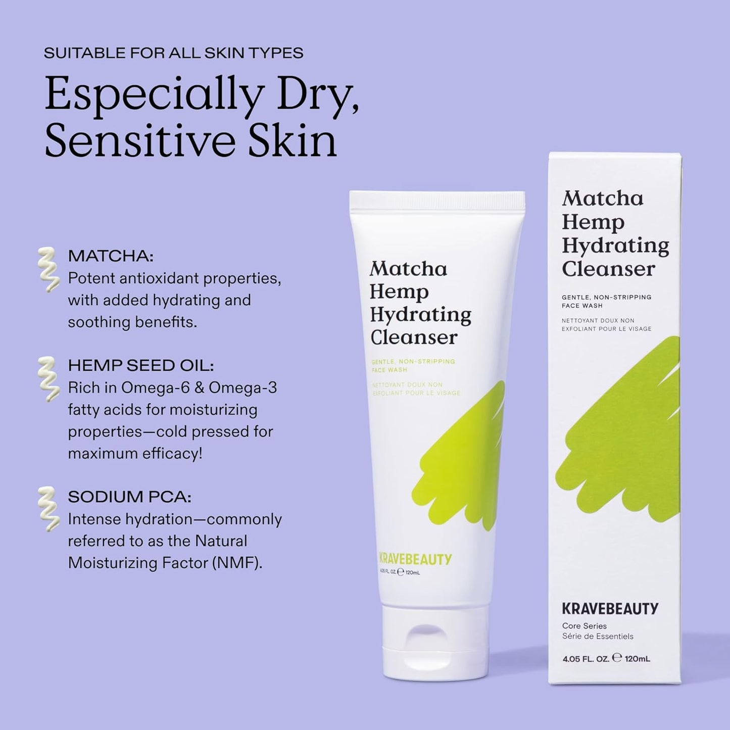 KraveBeauty Matcha Hemp Hydrating Cleanser Duo, Non Stripping Daily Face Wash, Supports Skin Barrier Enriched With Hemp Seed Oil, Suitable For Dry, Sensitive Skin, Vegan & Cruelty Free, 4.05 fl oz x2