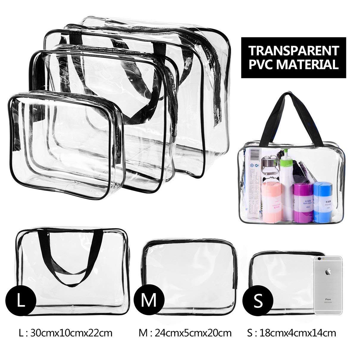 5Pcs Crystal Clear PVC Travel Toiletry Bag Kit for Women Men, Waterproof Vinyl Packing Organizer Storage Bags with Zipper Handle Straps, Cosmetic Pouch Carry on Airport Airline Compliant Bag Handbag