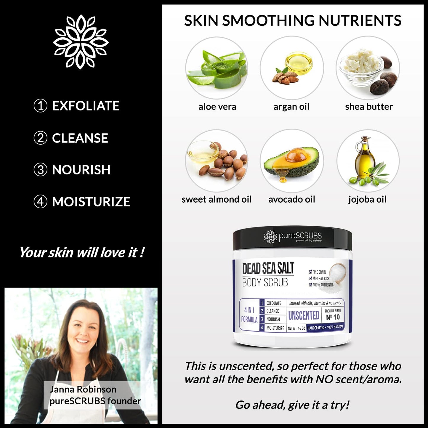 pureSCRUBS Premium Unscented Body Scrub Set - Large 16oz Dead Sea Salt Body Scrub With Infused Essential Oils & Nutrients, Includes Wooden Spoon, Loofah & Oatmeal Exfoliating Bar Soap