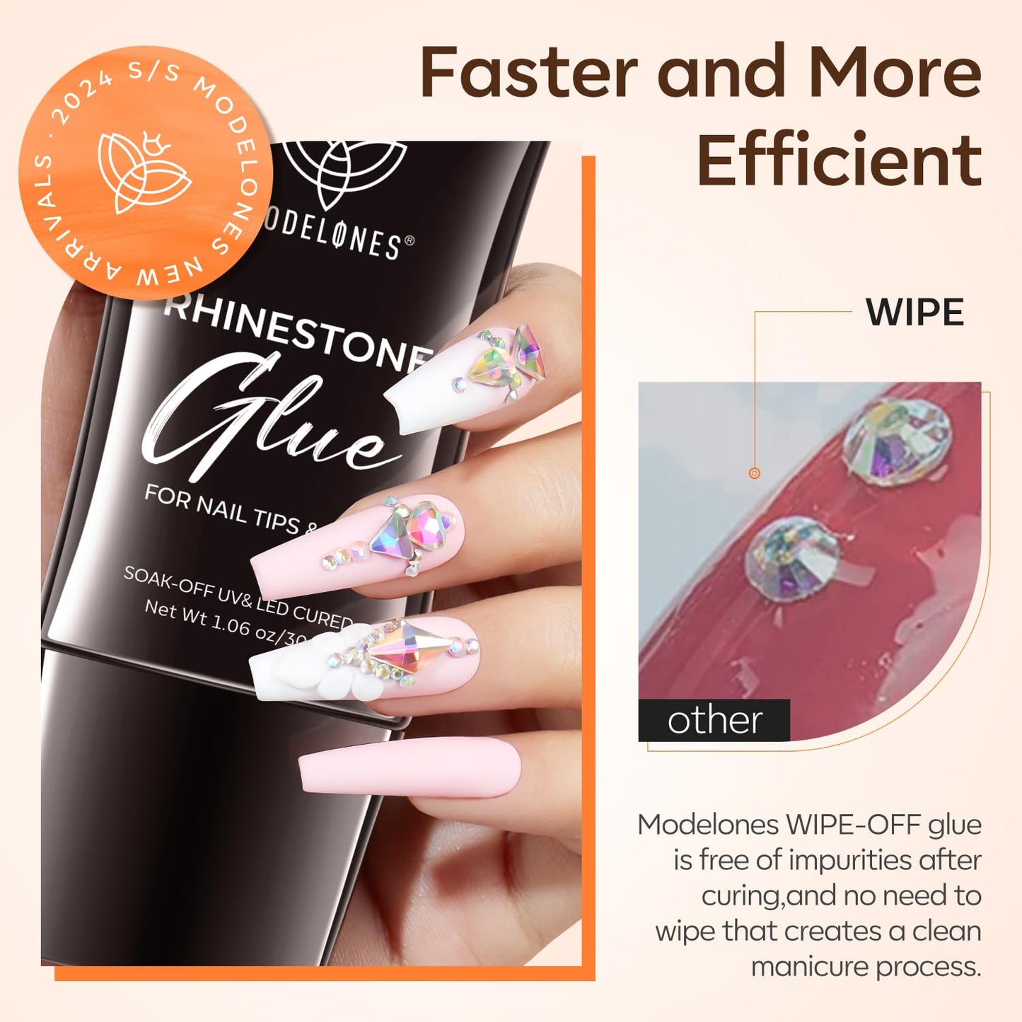 Modelones Manicure Tables Supports Growth 4-in-1 Rhinestone Glue - Super Strong for Press On Nails, Gems, Charms & Rhinestones, No Wipe Nail Art Glue, 30g Cured Needed