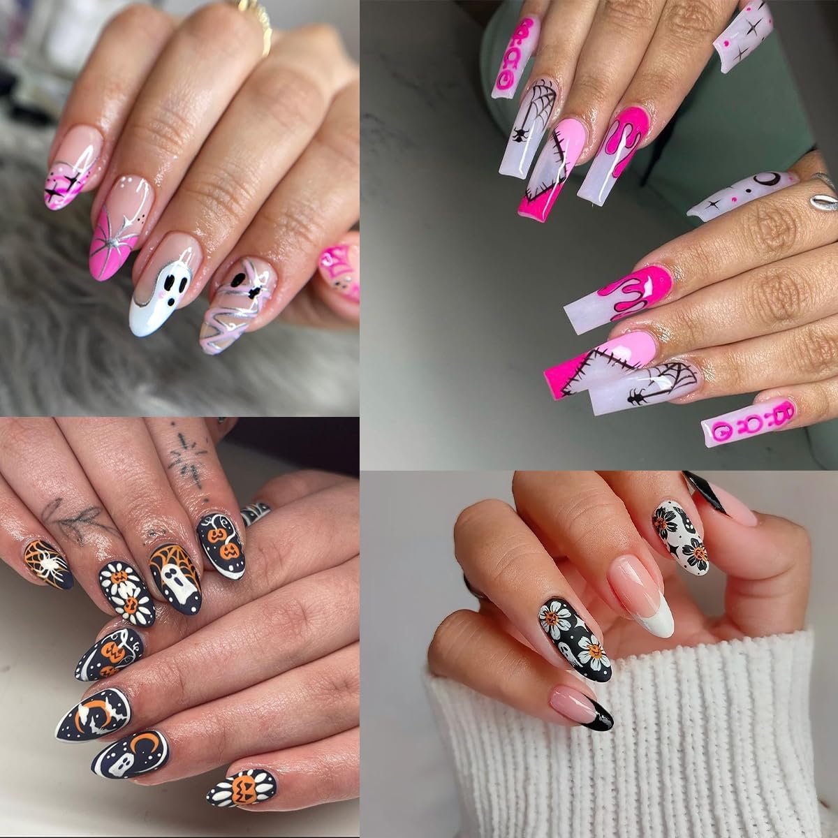 Halloween Nail Decals - 10 Sheets Self-Adhesive Nail Design Stickers with Pumpkin, Spider Web, Bleeding Nail Art, Spooky Ghost, Flowers, Boo Bat for Women DIY Halloween Nail Decor