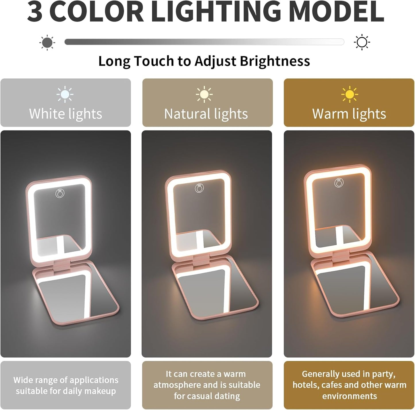 Kintion 2025 Pocket Mirror, Rechargeable Dimmable 3 Color Lighting 1X/3X LED Compact Travel Makeup Mirror for Purse, Portable, Folding, Handheld, Small Lighted Mirror for Women Gift, Pink