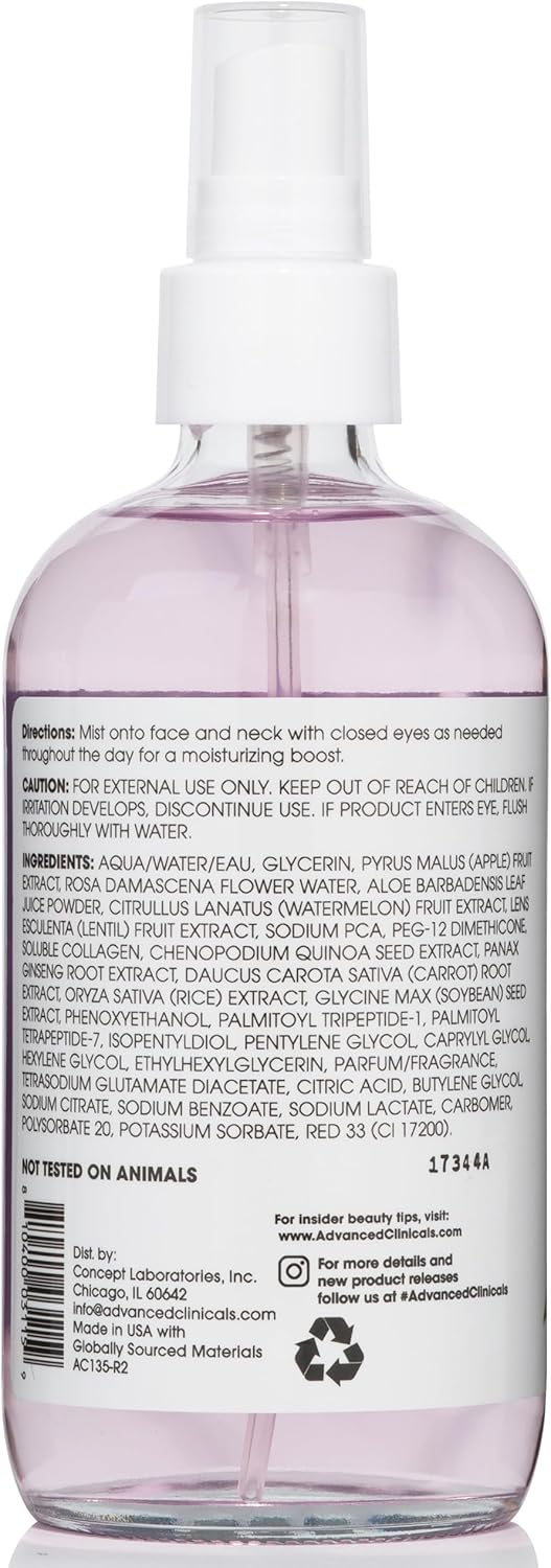 Advanced Clinicals Collagen + Rosewater Face Toner Skin Care Reviving & Hydrating Facial Mist for Face, Non-Greasy Instant Hydration Face Spray W/Pure Rose Water, Collage, & Natural Extracts, 8 Fl Oz