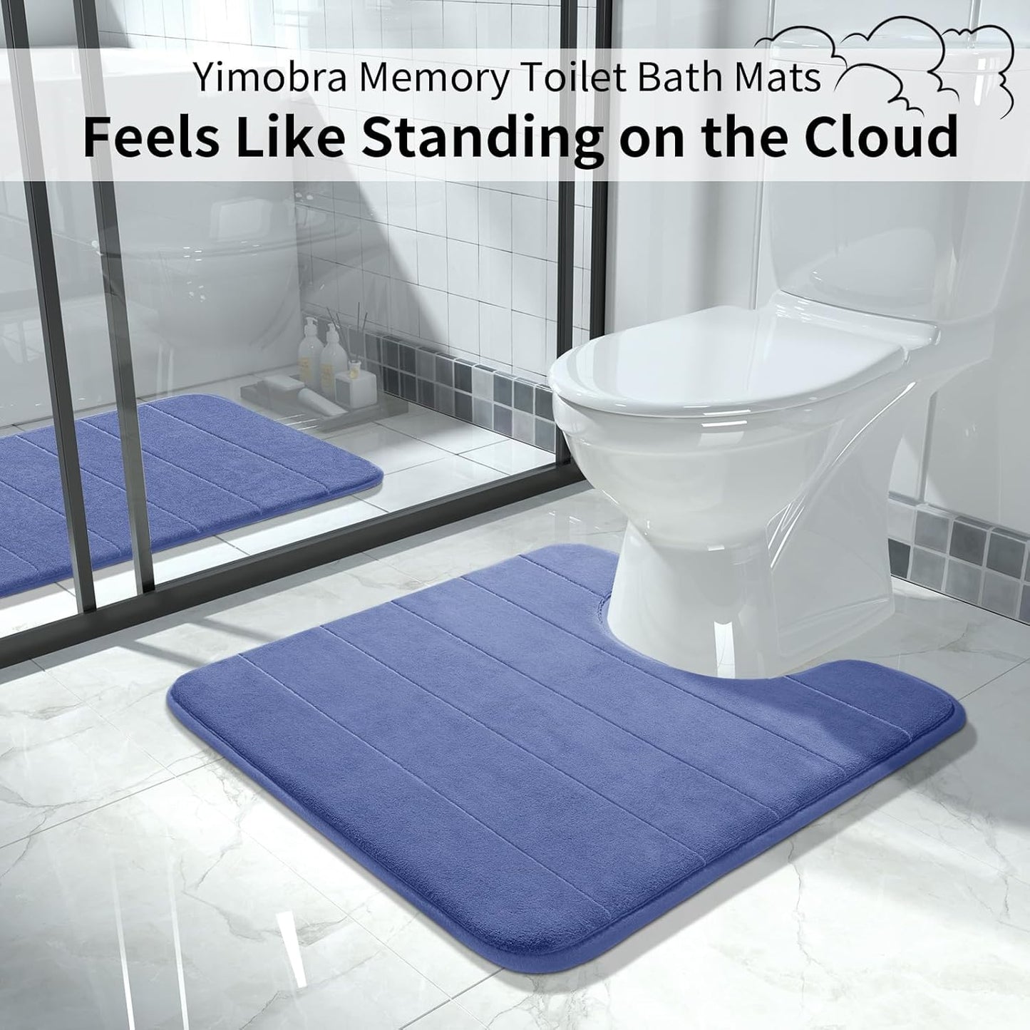 Yimobra Memory Foam Toilet Bath Mat U-Shaped, Soft and Comfortable, Super Water Absorption, Non-Slip, Thick, Machine Wash and Easier to Dry for Bathroom Commode Contour Rug, 24 X 24 Inches, Navy Blue