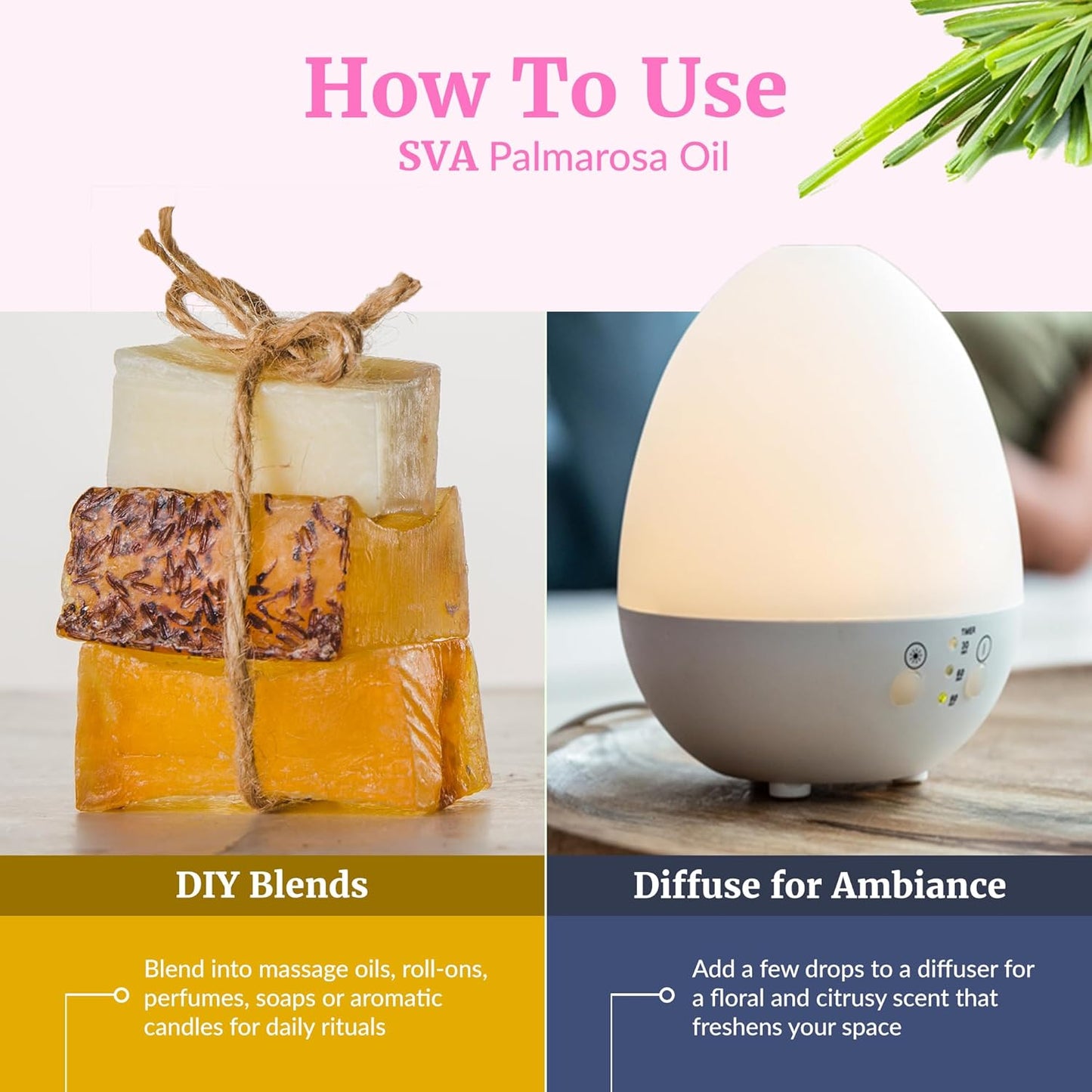 SVA Palmarosa Essential Oil – 4 Fl Oz – 100% Natural Palmarosa Oil - for Diffuser, Hair Care, Face, Skin Care, Aromatherapy, Scalp and Body Massage, Soap and Candle Making – with Dropper