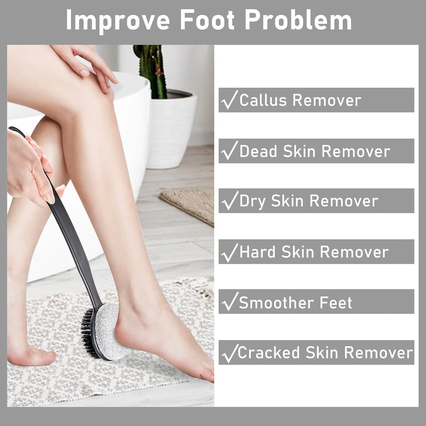 Pumice Stone for Feet with Long Handle (Double-Faced Curved Handle,Black, Count, 1.0)