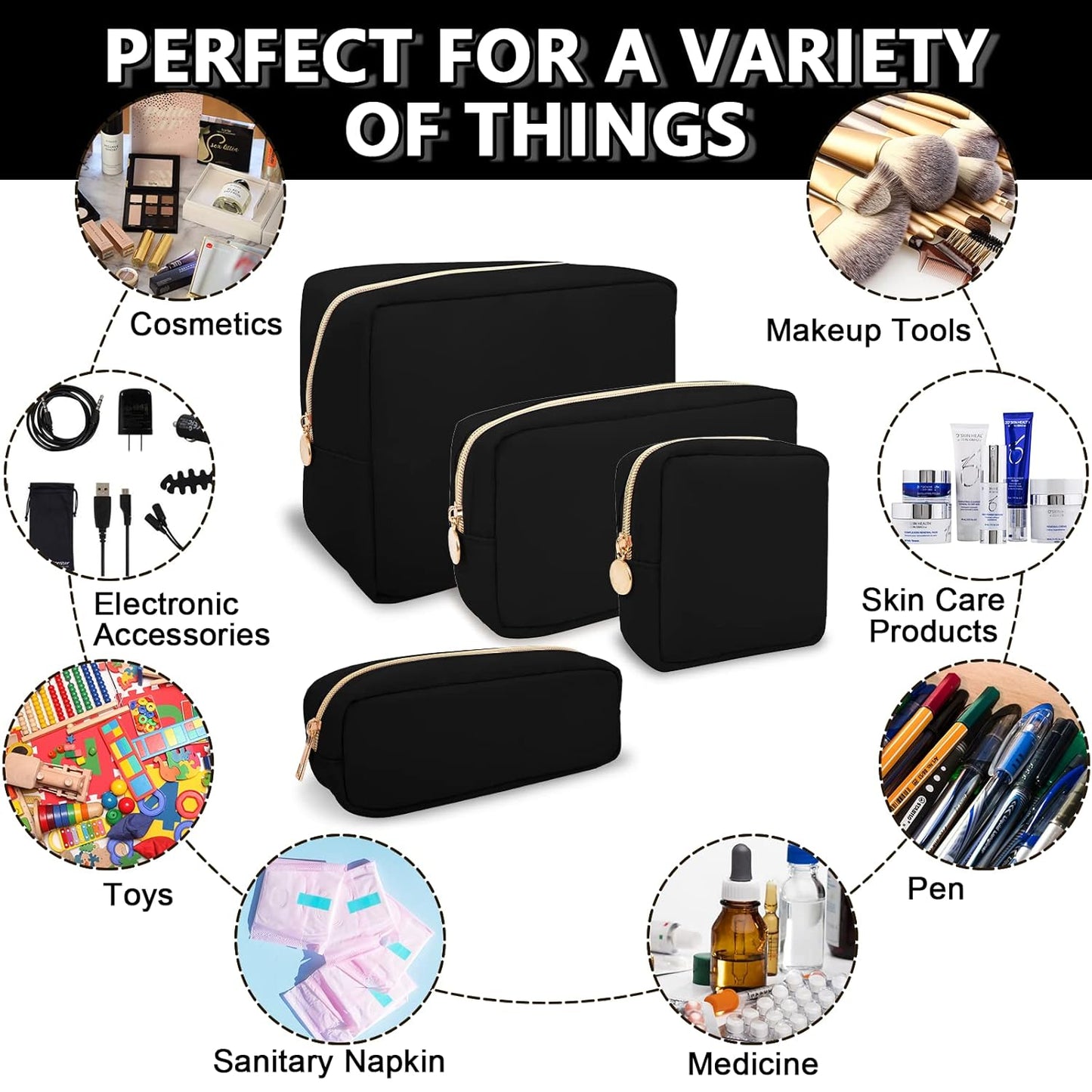 Waterproof Mini Makeup Bag for Purse,Small Cosmetic Pouch Nylon Travel Toiletry Organizers Bag for Women Girls,Cute Zipper Preppy Coin Purse for Work(Mini-Black)