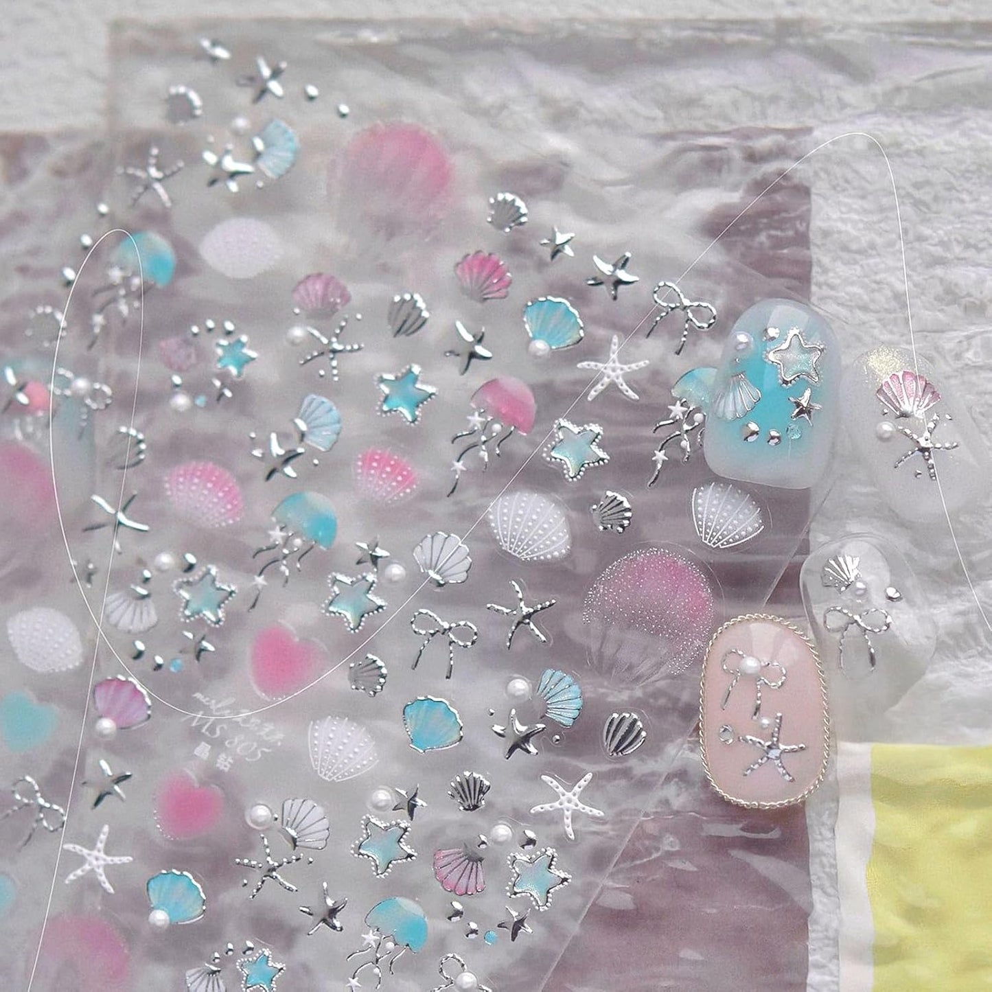 2Pcs Summer Nail Stickers for Nails Art,Self-Adhesive Star Shell Nail Art Stickers Seashell Nail Decals Starfish Jellyfish Pearl Nail Designs 5D Embossed Ocean Life Nails Supplies for Women Manicure