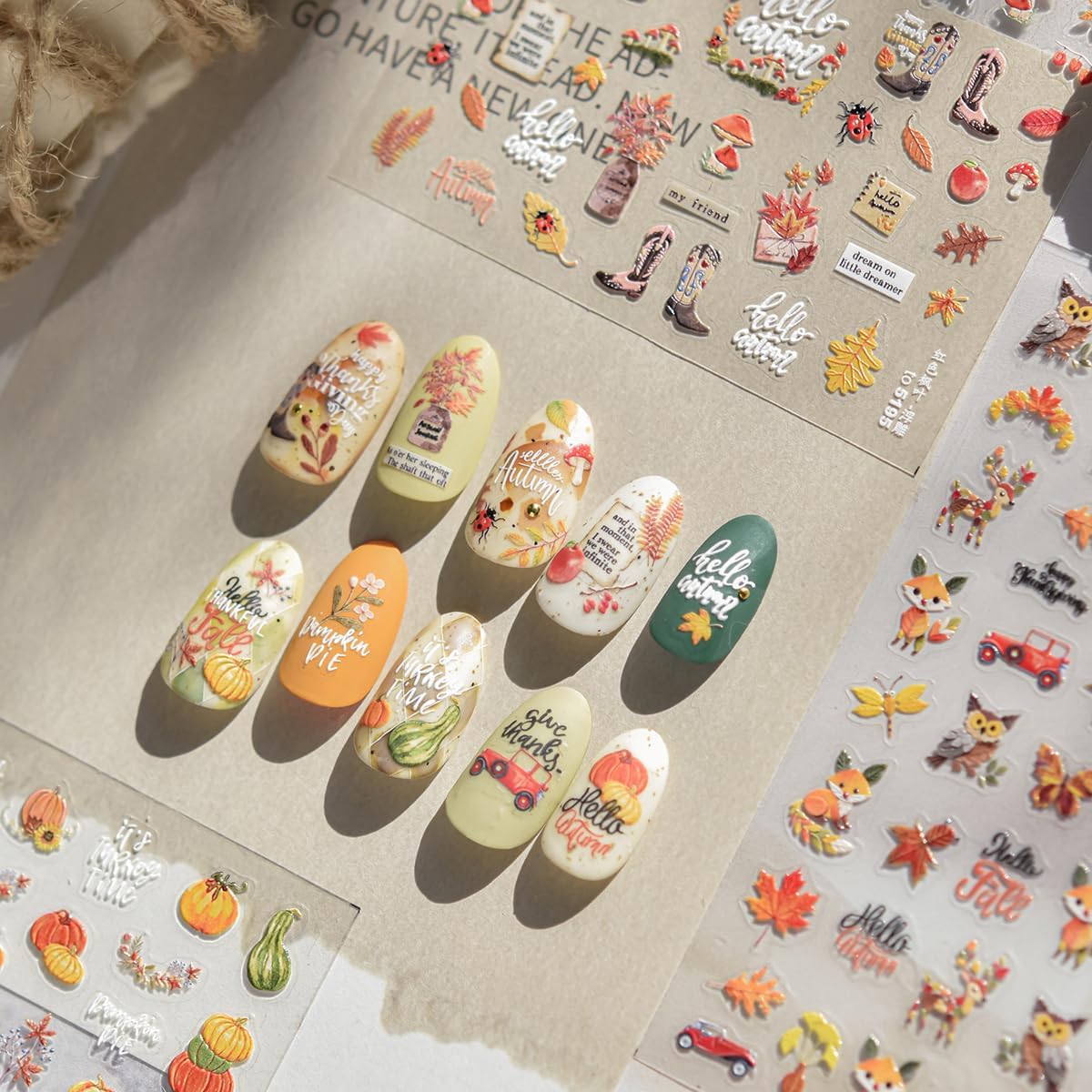 Thanksgiving Day Nail Stickers for Nail Art Fall Nail Sticker 5D Embossed Self-Adhesive Shiny Autumn Leaves Fox Deer Owl Nails Decals Holiday Maple Leaf Manicure Decoration for Salon Nails 1Sheet