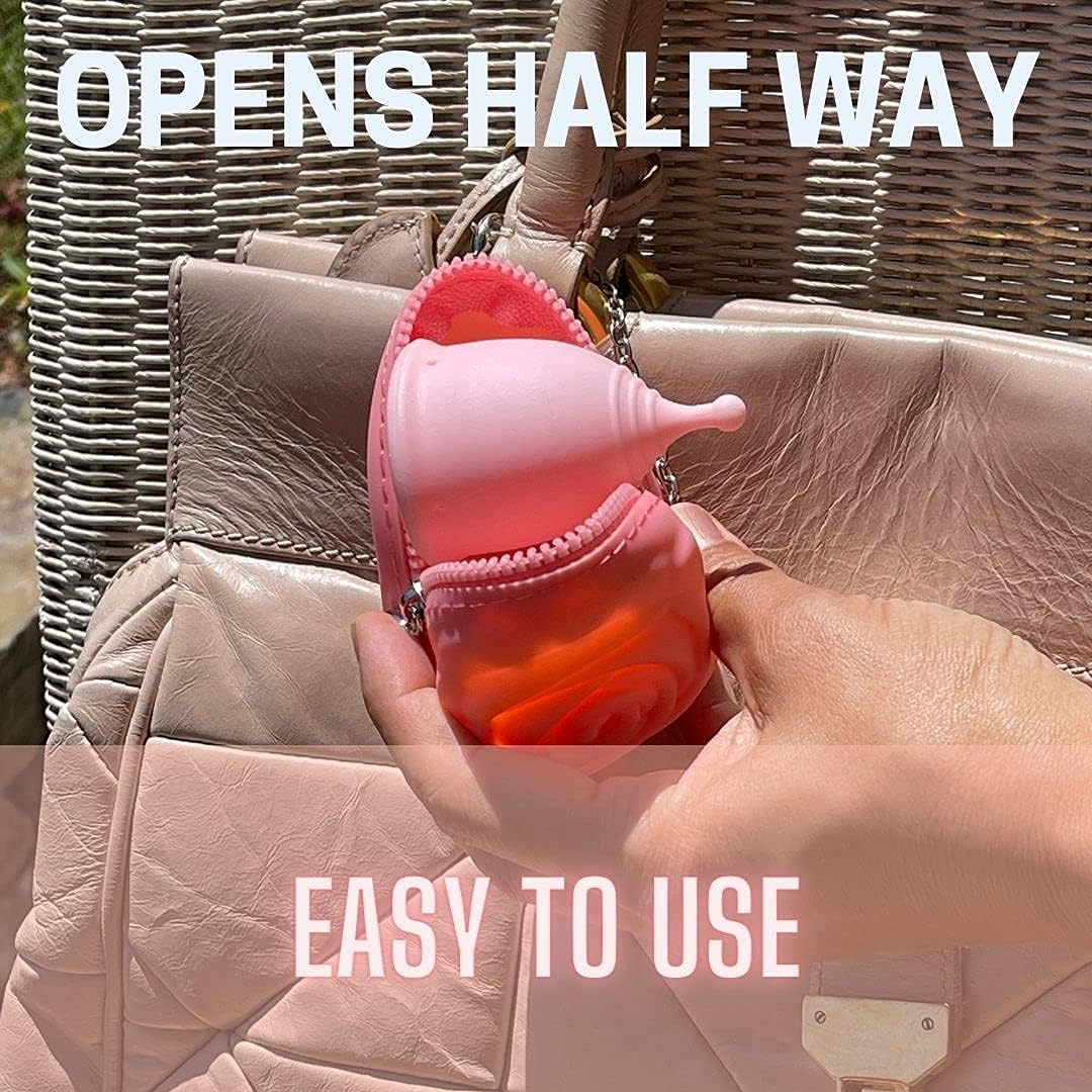 Menstrual Period Cup Case Storage Bag | Rose Design + Silicon Material | Easy to carry, clean, and use | Metal Chain attached | Multi-use for small items (Cup not included) Pink