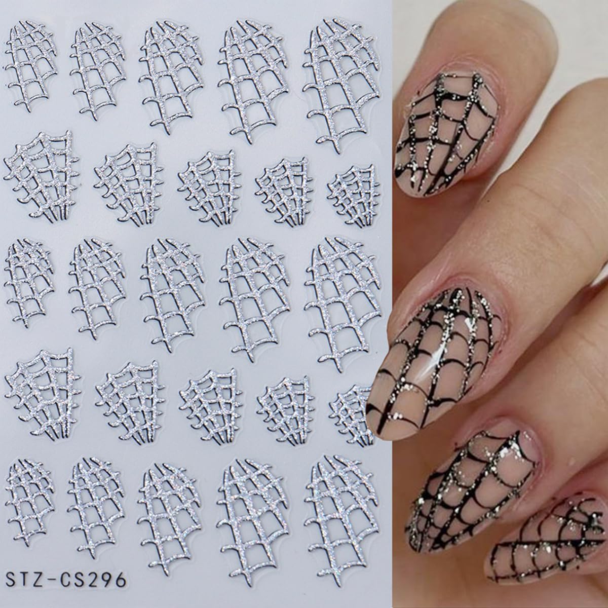 8Sheets Halloween Nail Art Stickers Spider Web Nail Stickers for Nail Art 3D Self-Adhesive Nail Decals Gold Silver Black White Glitter Spiderweb Bat Spiders Nail Design Halloween Manicure Accessories